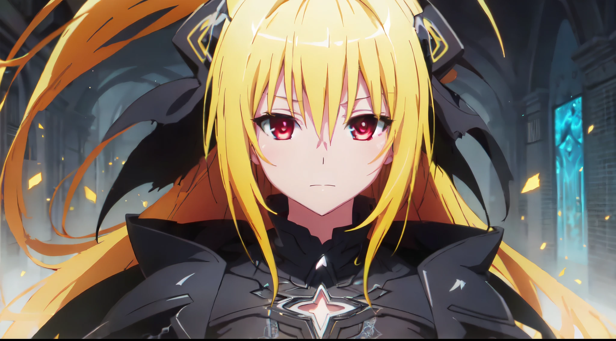 Yami the Golden Darkness, Long yellow hair, intricate black dress, cute red eyes, (masterpiece, top quality, best quality, official art, beautiful and aesthetic:1.2), (1girl), extreme detailed,(fractal art:1.3),colorful,highest detailed, 2d anime digital painting