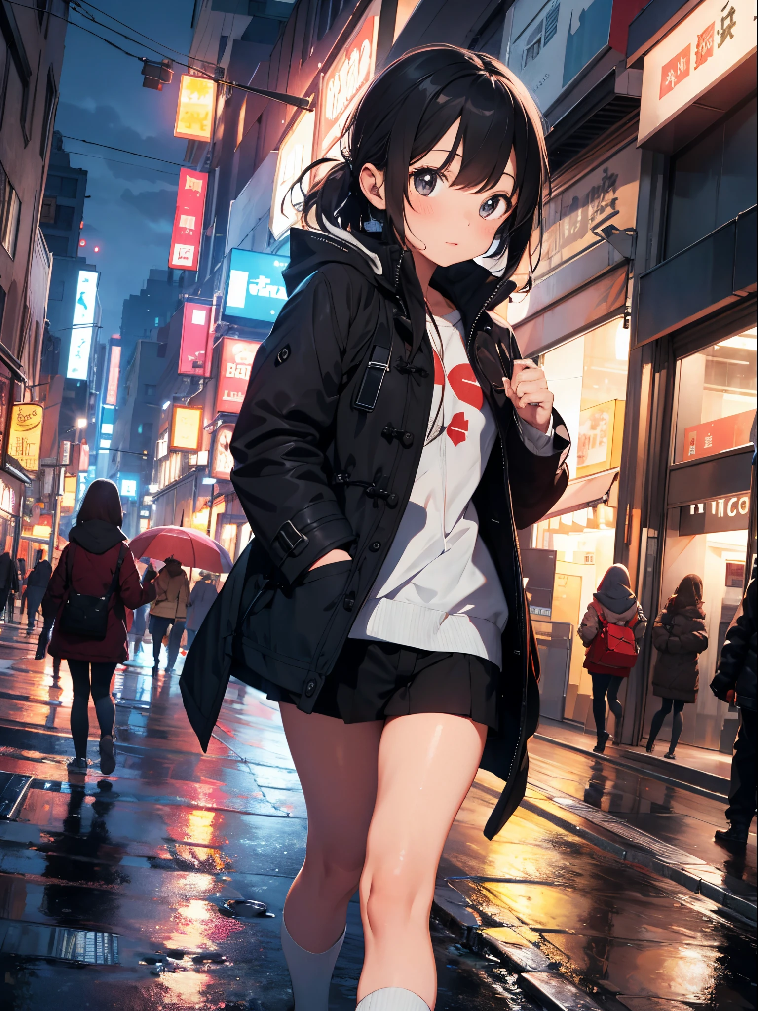 1girl in, nightcity, Rain, coat, Hands in pockets