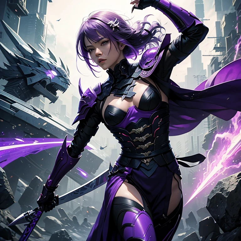 Raiden Shogun, Purple hair, purple dress, holding a lance, no background, Anime