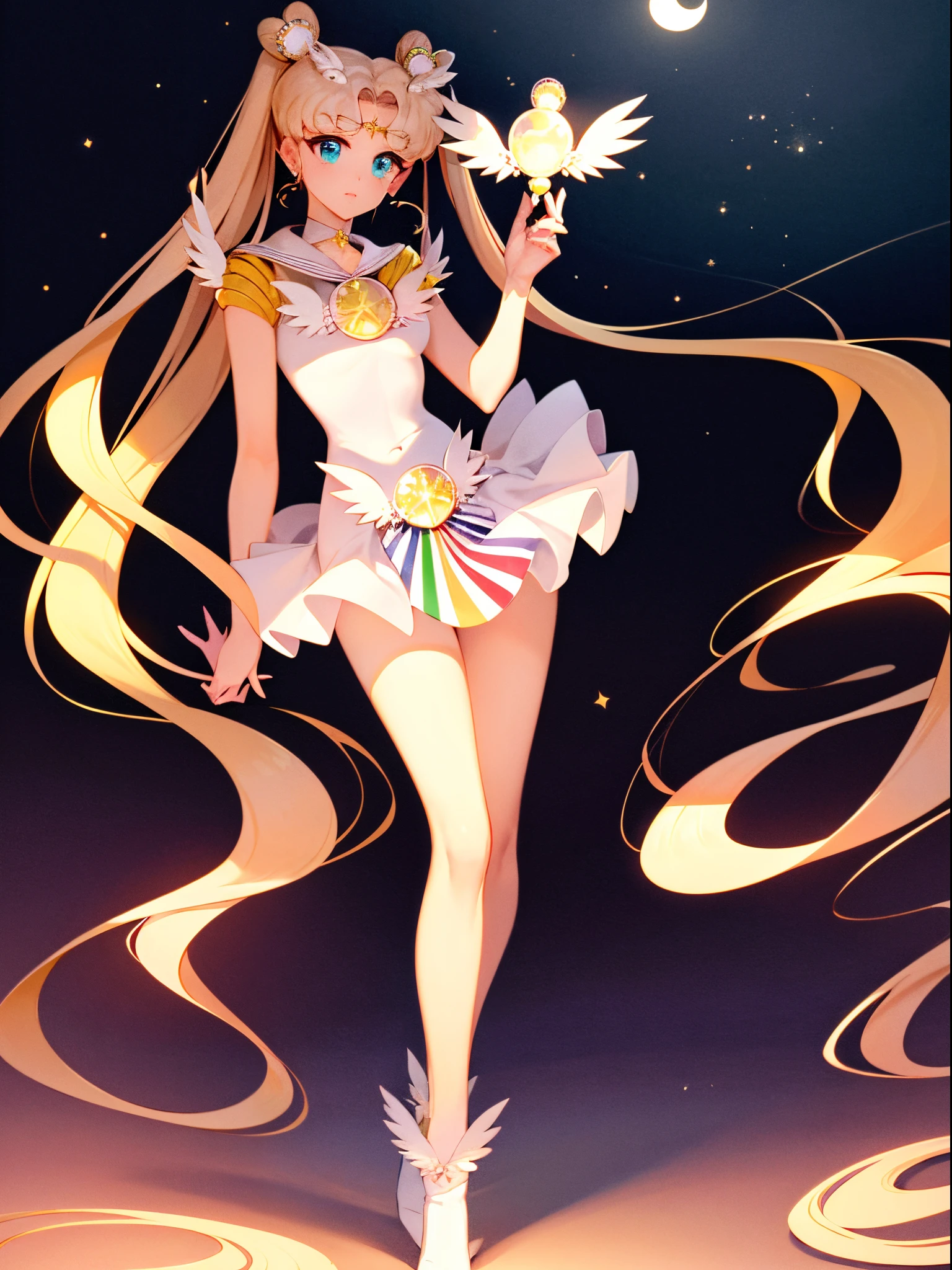 sailormoon、uniform with sailor collar、Blue or white、front red ribbon front（crescent） a blond、long twintails、Her blue eyes are held together with a ribbon behind her, and she wears a small tiara on her head.、Designed with a crescent moon symbol、gloves boots: Sailor Moon wears tall boots、This is also a design that harmonizes with the uniform.。