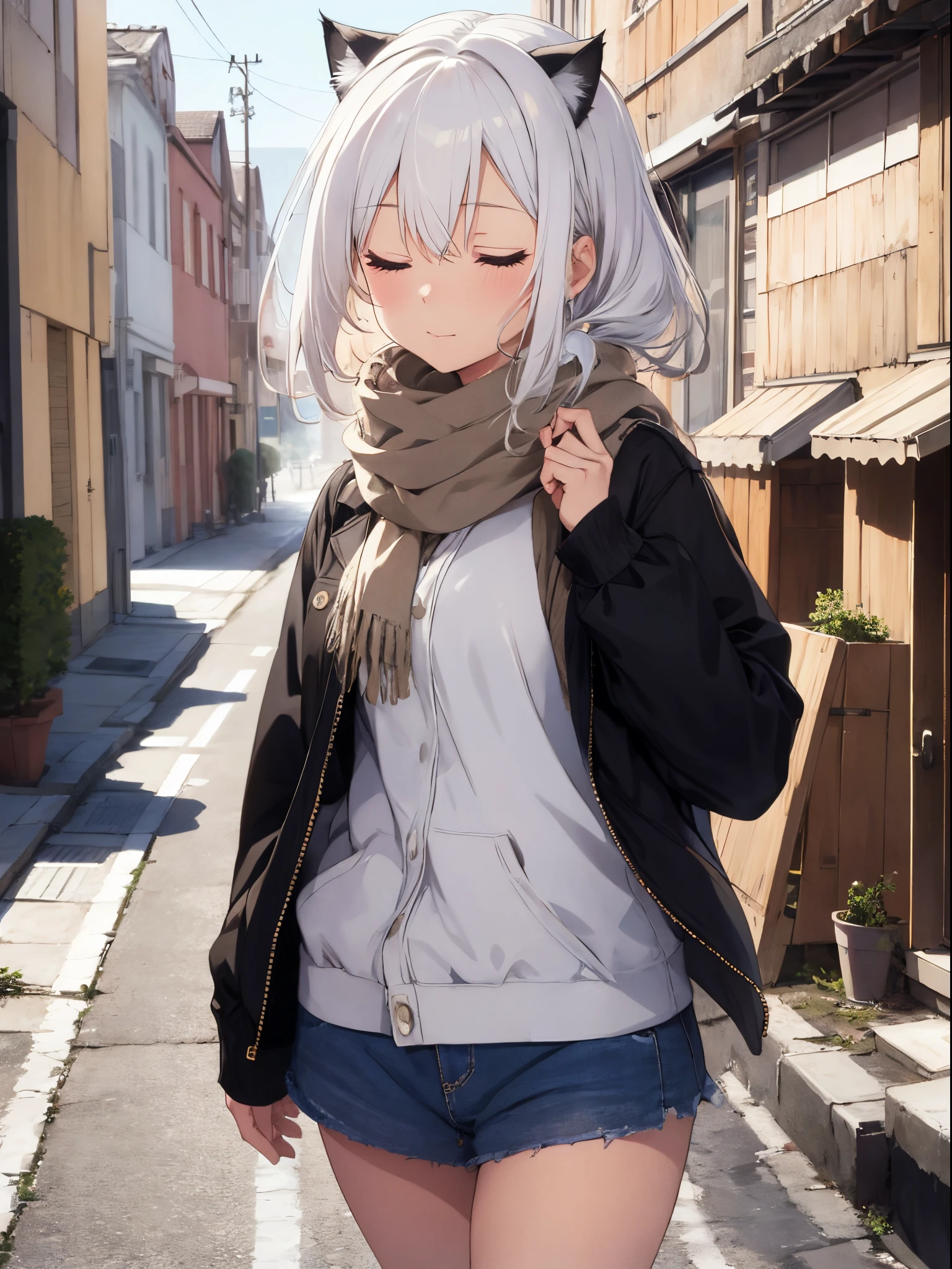 (Highest quality, High resolution, Very detailed), Silver Hair, Short Hair, Reddish brown eyes, sweater dress, lace thong, Large Breasts, 24th generation, Beautiful woman, mature, quiet, Calm, A small smile, city, street,