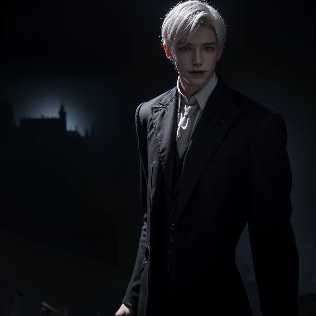 White short-haired male vampire, Old style dark suit, Standing on top of the castle,The ultimate face，Perfect face shape，Handsome，年轻，Cold，close angle,Long fangs in the mouth，Mysterious smile, Interesting lighting, tmasterpiece, dark fantacy, blood and terror