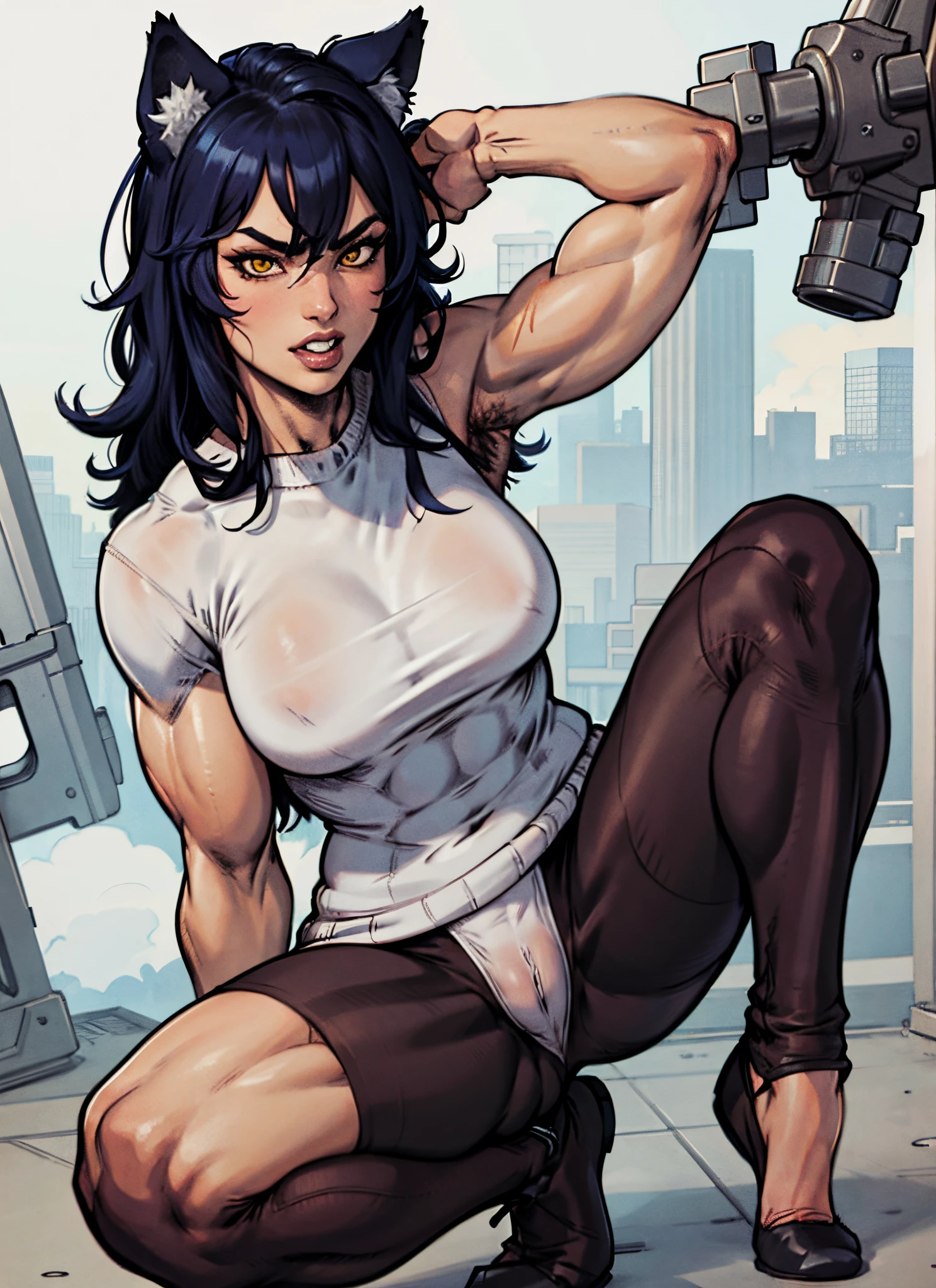 Muscular wolf girl flexing biceps, facing pov, squatting crotch open