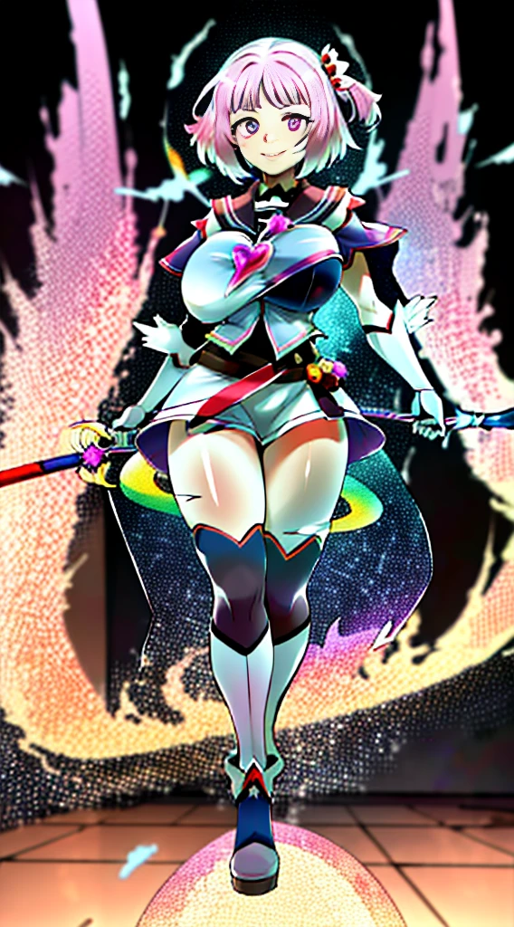 masterpiece, best quality, indoors, mamikafairy, 1girl, solo, looking at viewer,, hand arms full body,boots, standing,cute,breast, curvy, female,fantasy goddess,there is a cartoon picture of a woman with a very large breast, glowing divine being, glowing holy aura, inspired by Luma Rouge, the non-binary deity of spring, ethereal rainbow nimbus, the butterfly goddess of fire, inspired by Mariel, glowing aura around her, astral wind, as the goddess of the saturn, “uwu the prismatic person, big breast, serious, beautiful eyes, , full body, , long robe, long dress, ,priestess ,holy, smile, god rays, ray tracing, sparkle, cinematic lighting, UHD, retina, masterpiece, ccurate, anatomically correct, textured skin, super detail, high details, high quality, award winning, best quality, highres, 1080P, HD, 4K, thunder aura, light aura,full, snak staff,closed mouth, huge breast, curvy, bimbo, standing, heroic, pose, background ruin of a misterios city,UHD, retina, masterpiece, ccurate, anatomically correct, textured skin, super detail, high details, high quality, award winning, best quality, highres, 1080P, HD, 4K, sun aura,cape