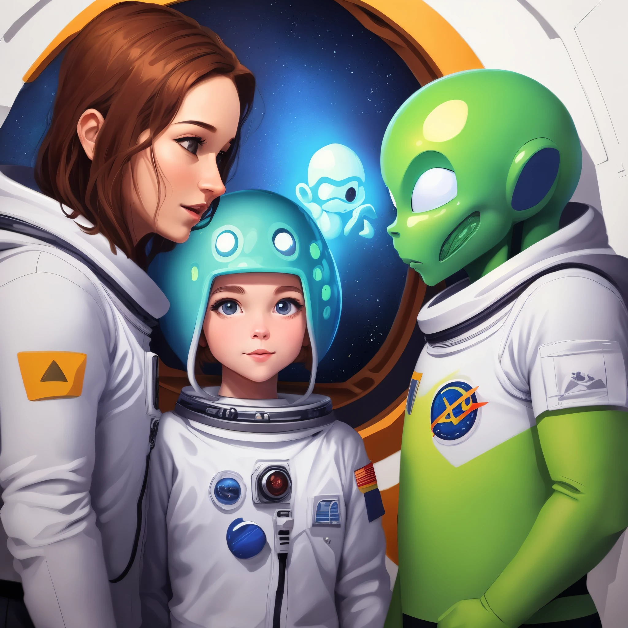 Be an expert and create cartoon style art about the encounter between an astronaut and a friendly alien entity, put a vivid color palette and detailed facial expressions, use realism and place the astronaut and the alien face to face, eyes fixed on each other. other