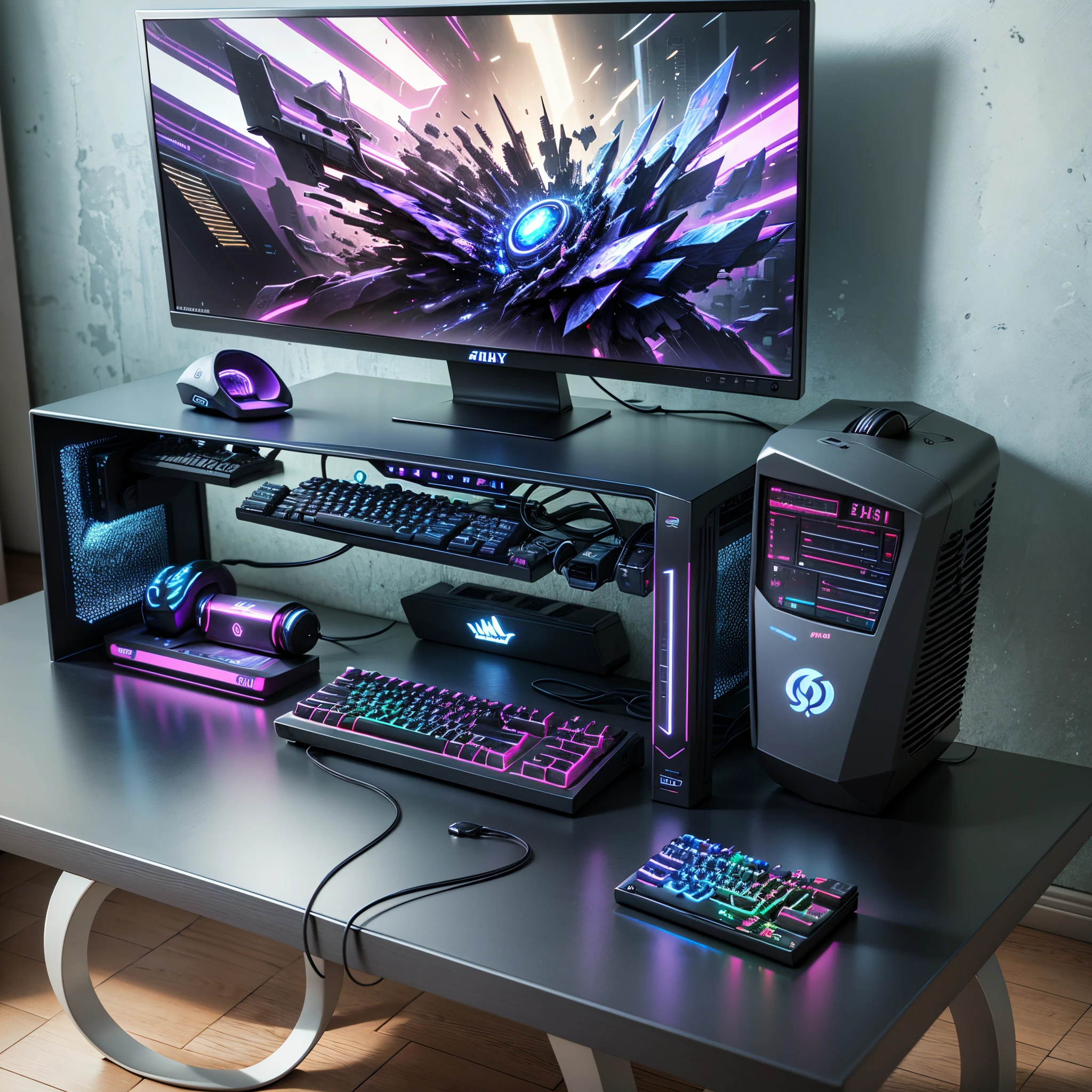 Pc Gamer com Teclado, Mouse, Gabinete, RGB, e com cadeira gamer em um fundo de um quarto Gamer, realista, Quarto Gamer com computador e cadeira Gamer Realista --s3 --auto --s2