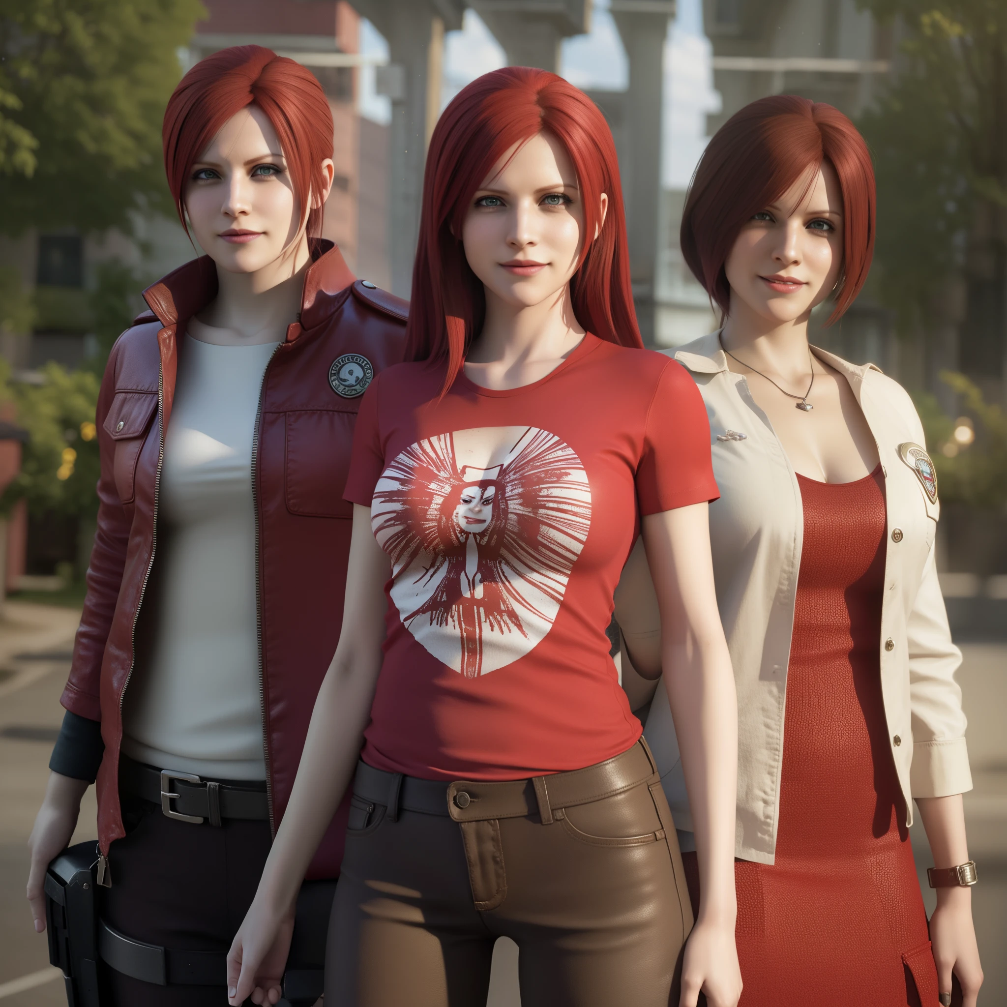 Claire Redfield,Woman, wearing mini red shirt, red hair hair, Wearing Earrings, red polish, glare, happy expression, smiling