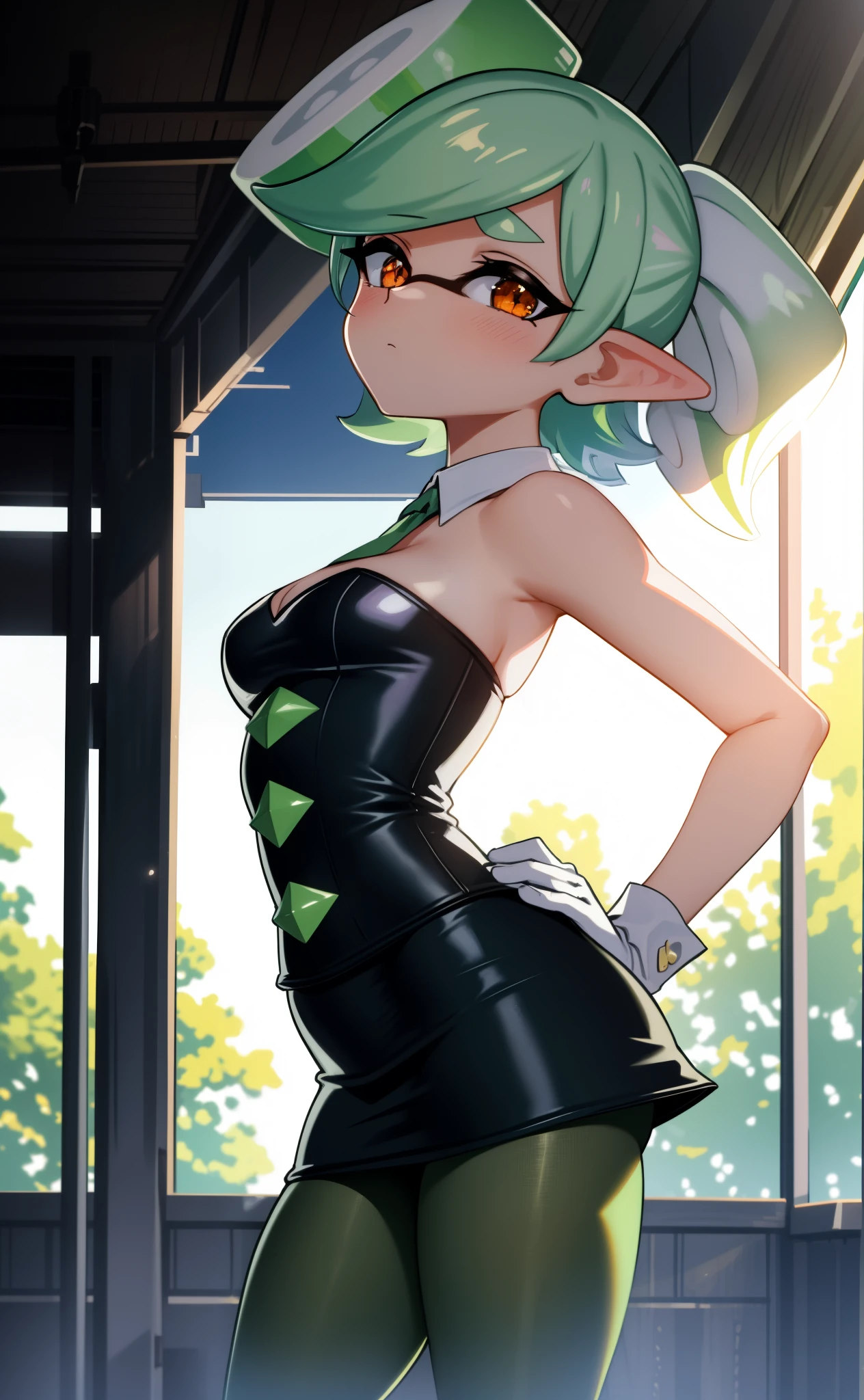 [marie], [splatoon], ((masterpiece)), ((HD)), ((beautiful render art)), ((solo portrait)), ((waist up)), ((front view)), ((cinematic lighting)), ((anime)), ((detailed shading)), ((intricate details)), {(slim figure), (cute orange eyes), long eyelashes, (green-white tentacle hair), (hair bang), (medium boobs), (gorgeous wide hips), (thick thighs), (beautiful legs), (blushing), (expressionless)}, {(short black dress), (opaque green pantyhose), (white gloves)}, {(standing), (looking at viewer)}, [Background; (city), (town square), (blue sky), (sun rays), (ambient lighting)]