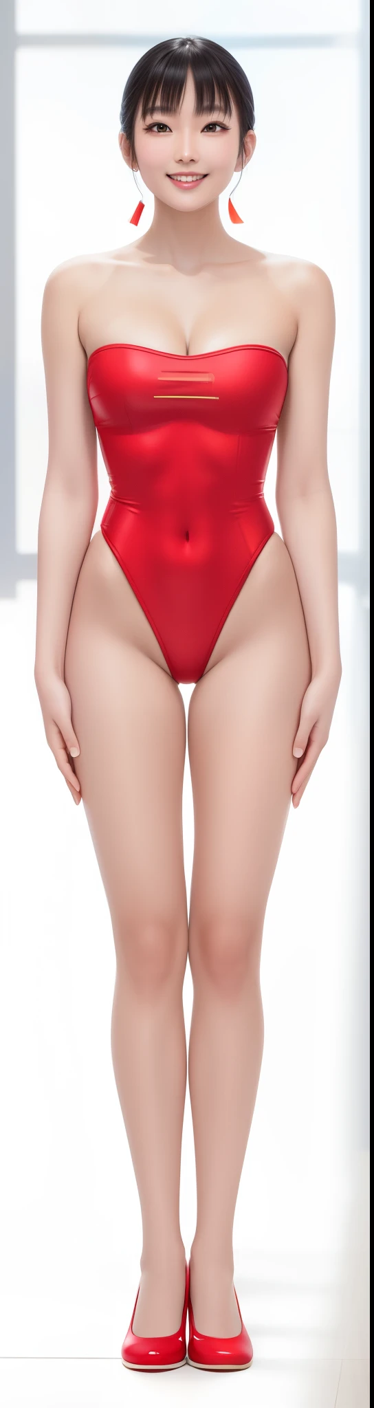 On the white background，A tall and beautiful Chinese girl，with fair skin，Toothy smile，A big smile，When you laugh, Your eyes are crescent-shaped，fringe，Wear a one-piece swimsuit and pumps，Swimsuits are decorated with joyful patterns, Stand up straight，Stand upright，hands on sides，Symmetrical distribution，Ray tracing，All shaded areas，No windows, Soft lighting, Warm light，Without sunlight, Studio light, 1.4x Realistic Ultra HD