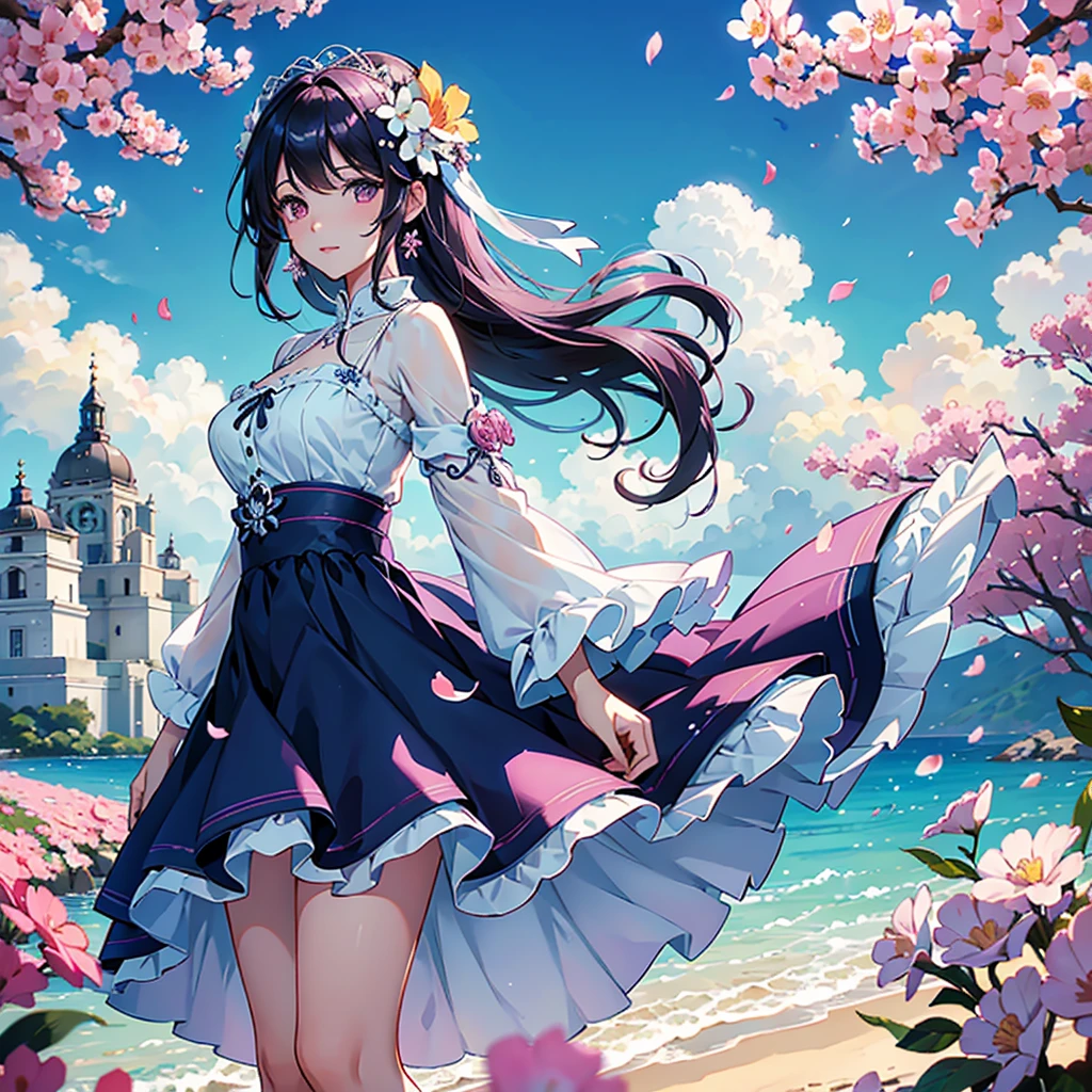 Dreamy, cereza_Flores, cayendo_flower petals, flower petals, rama, rosado_Flor, 1girl,20-year-old, azul_Cielo, primavera_(arstation), flower petals_en_liquid, Flor, Hanami, vestido, (Cabello largo y rubio rizado:1.5),Usar una corona de flores,Cielo, al aire libre, nube, flequillo, laughs, rosado_ojos, Falda blanca con adornos de flor de cerezo, solamente_hombros, Pendientes, tenencia_Flor, viento, tree, Looking_en_espectador,Disparo de vaquero, pechos muy grandes, escote abierto, pose sexy, aspecto sexy, ropa interior