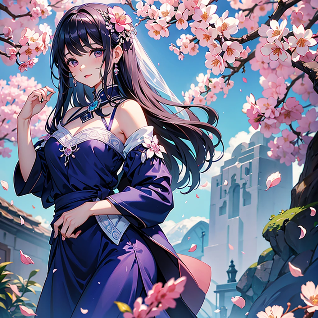 Dreamy, cereza_Flores, cayendo_flower petals, flower petals, rama, rosado_Flor, 1girl,20-year-old, azul_Cielo, primavera_(arstation), flower petals_en_liquid, Flor, Hanami, vestido, (Cabello largo y rubio rizado：1.5),Usar una corona de flores,Cielo, al aire libre, nube, flequillo, laughs, rosado_ojos, Falda blanca con adornos de flor de cerezo, solamente_hombros, Pendientes, tenencia_Flor, viento, tree, Looking_en_espectador,Disparo de vaquero, pechos muy grandes, escote abierto, pose sexy, aspecto sexy, ropa interior