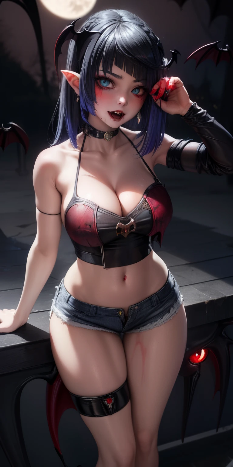 realistic, 1girl, (vampire girl:1.4), white hair, (red eyes), glowing eyes, slit pupils, (blood, blood splatter), crop top, cleavage, short shorts, collarbone, parted lips, fangs, makeup, blush, night, reflection, full moon, moonlight, rose, castle, shadow, darkness, bat \(animal\),