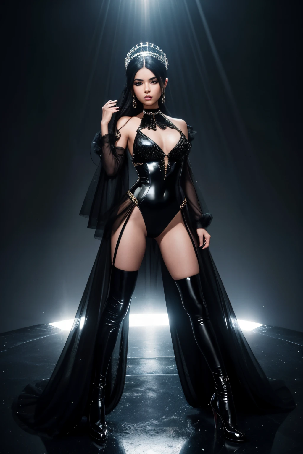 20 year old girl, she is a pop star, she is wearing tulle clothes with black spandex with a lot of shine and stones, her clothes are bold and sexy, she is sexy, she is 1.50 tall, light black skin, he is in a diva pose, the background is black and she is on top of a black water mirror. full body, pop star, sexy girl.