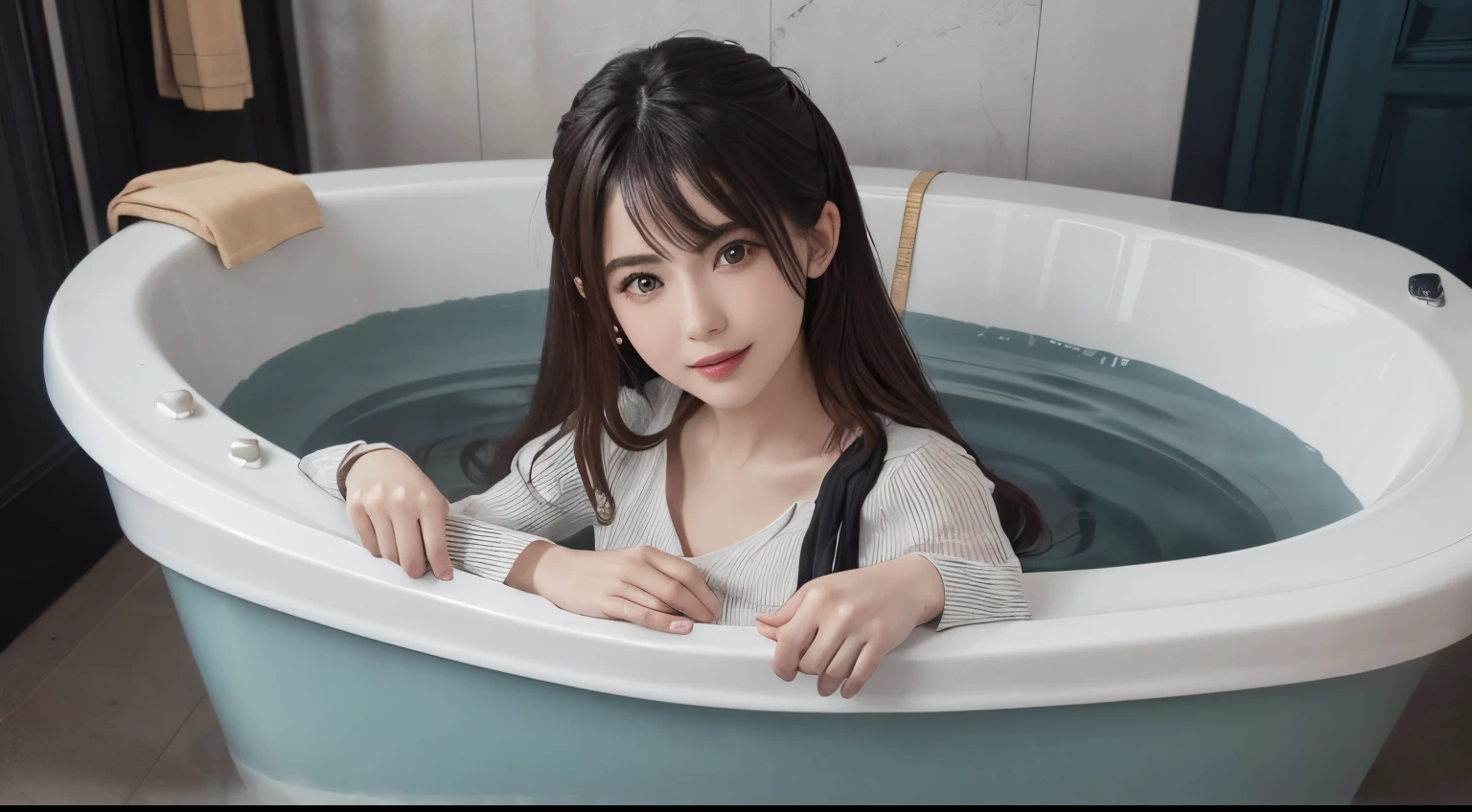 (8K、Raw photography、Top image quality、masterpiece:1.2)、(real picture:1.6)、(masterpiece)、(Top image quality:1.0)、(Ultra Hi-Res:1.0)、detaileds、 Bath with clothes 10 generation、Soio、Detailed beautiful skin、Detail room, ,real looking skin, middlebreasts, top-quality, 超A high resolution, cute little, length hair, A smile, , White long sleeve shirt, , Getting into the bathtub,