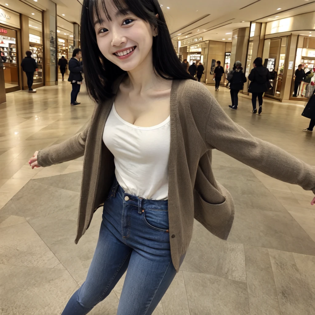 girl1、35 year old、Only one image、Ponytail with black hair、超A high resolution、Professional Lighting、（masutepiece:1.5）、8K、Slim body、Detailed face and skin、face perfect、light eyebrow、Smaller face、小柄、Jeans on a t-shirt、Everyday clothes、I can see the cleavage、macroscopic body、standing position、（small tits:1.5）、full body image、Looking at the camera、Smiling smile、slight wrinkles above the eyes、Mature body、natural make up、mall、