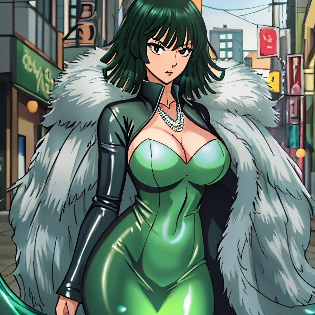 high quality, extremely detailed, perfect face, masterpiece, city street, Fubuki \(one punch man\), green-black hair, (long sleeved black latex mermaid dress), white fur coat, necklace, large breasts
