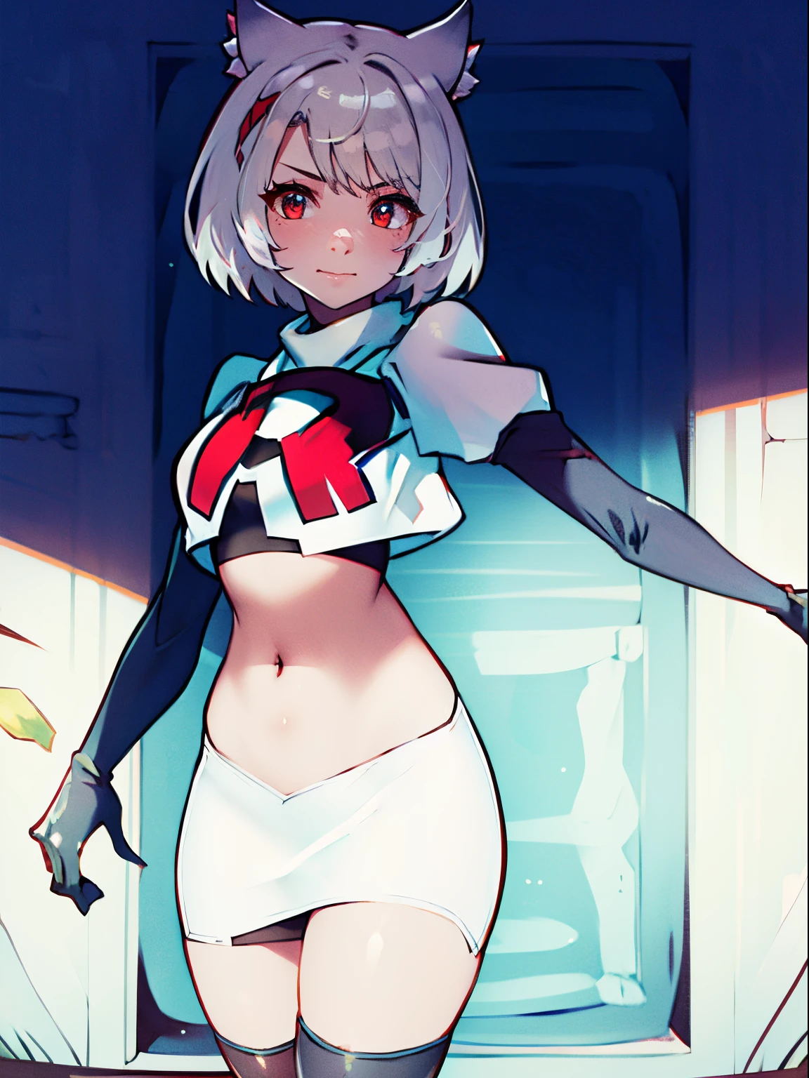 face of mio \(xenoblade\), 1girl,team rocket,team rocket uniform, red letter R, white skirt,white crop top,black thigh-high boots,black elbow gloves, cat ears, white hair