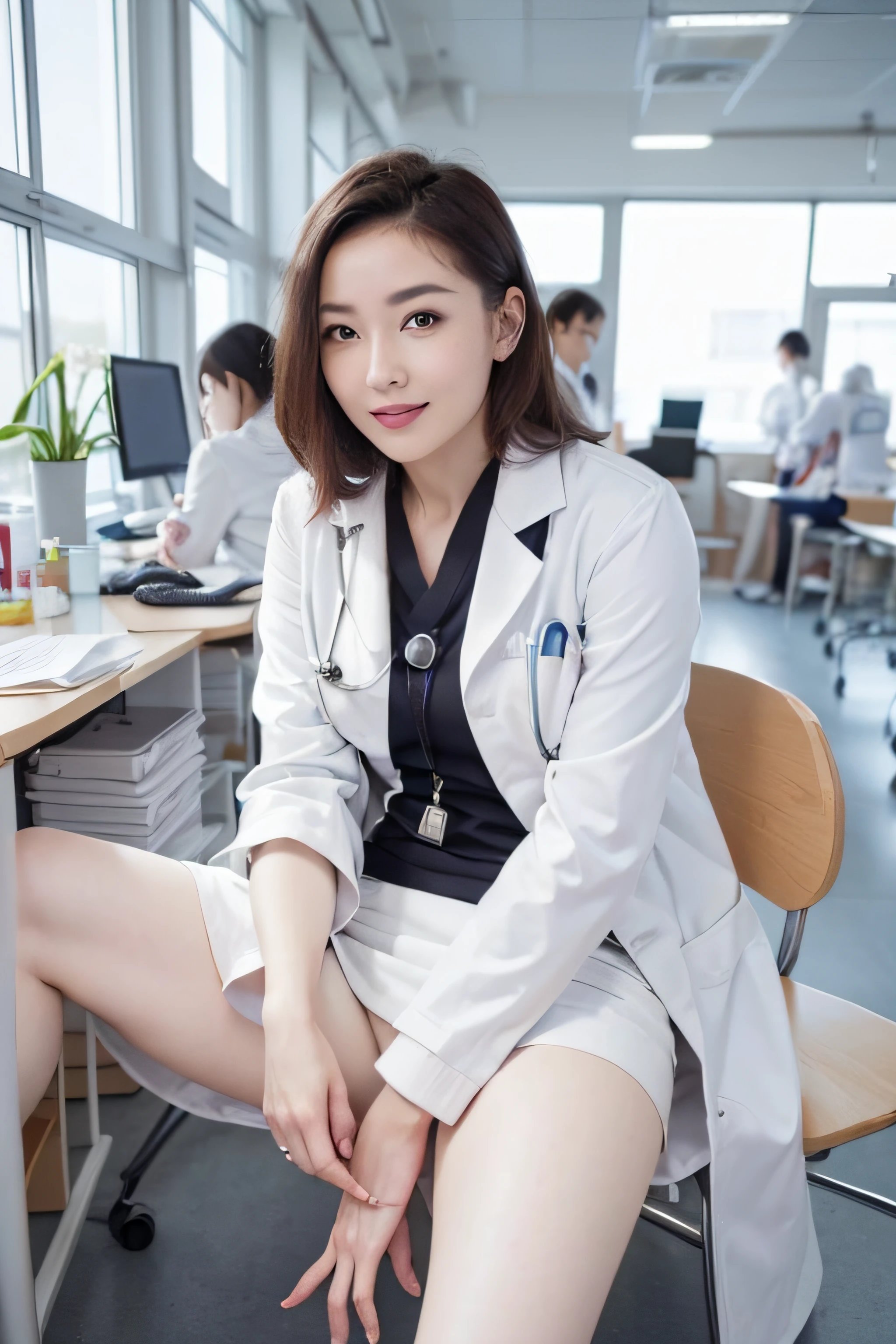 1womanl、(Super beautiful)、(beauitful face:1.5)、physician、(Dressing:1.3)、(White coat for doctors:1.5)、white  shirt、(a miniskirt:1.3)、Sit in a chair in the exam room、(showing   panties)、(white  panties:1.1)、(with spreading legs:1.4)、(stethoscope)、(At SFW:1.1)