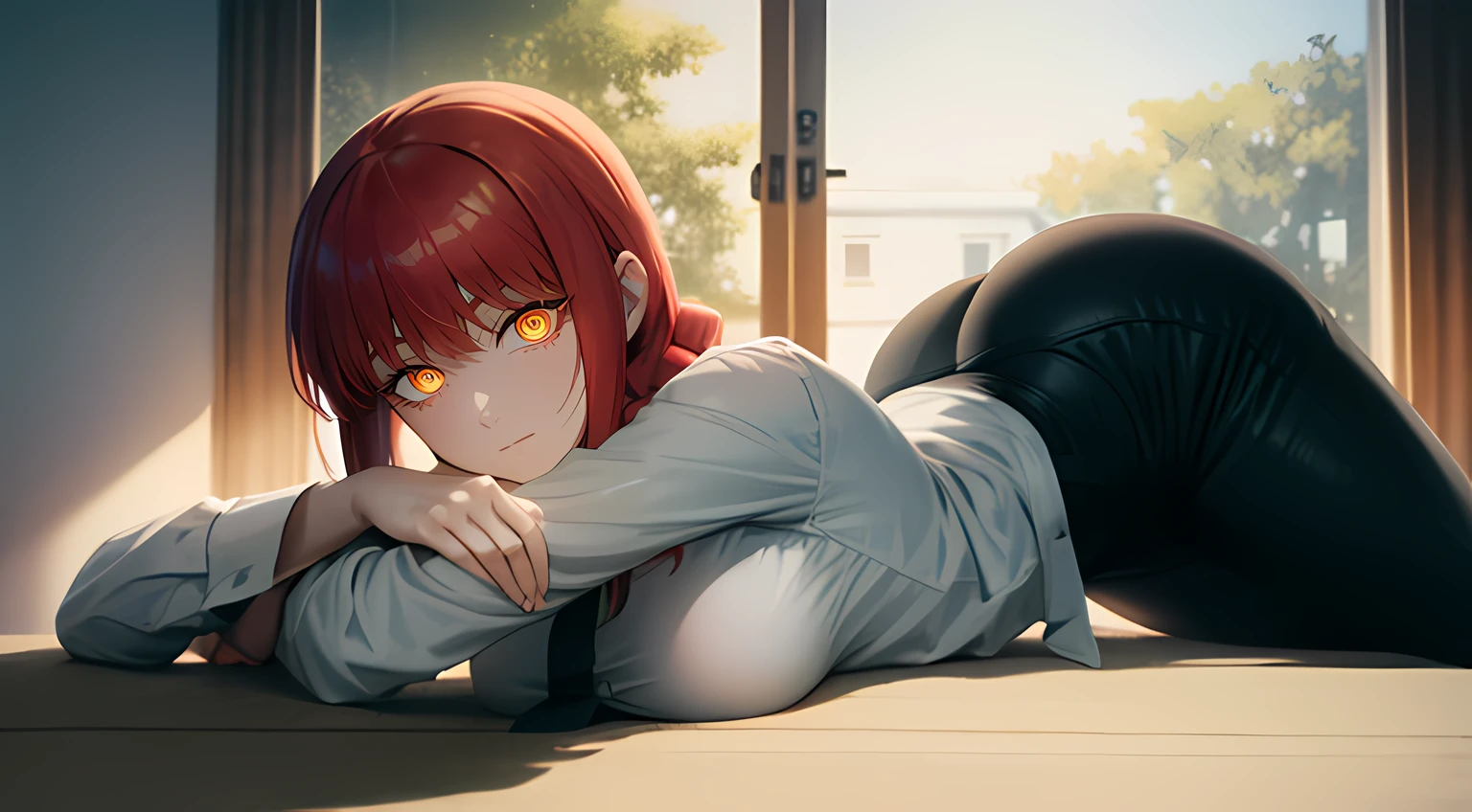 Undress, beautiful buttocks, lying on the table, Unbuttoning his shirt, Undress, Spacious room with large windows, white shirt, black tight pants, sexy body, teats, bare buttocks, beautiful breasts, bare buttocks, waist, tmasterpiece, beste-Qualit, portraite of a, a 1girl,makima \(chainsaw man\), 独奏, standingn, redhead hair, hairlong, braided, (bright glowing eyes: 1.4), (golden eyes: 1.3), dilated pupils, quiff, Average Breasts, white shirt, tie, opinion, ssmile, looking a viewer, (interview:1.3), hight resolution, (facial focus:1.4), (gaze at the viewer:1.15), (black backdrop,)