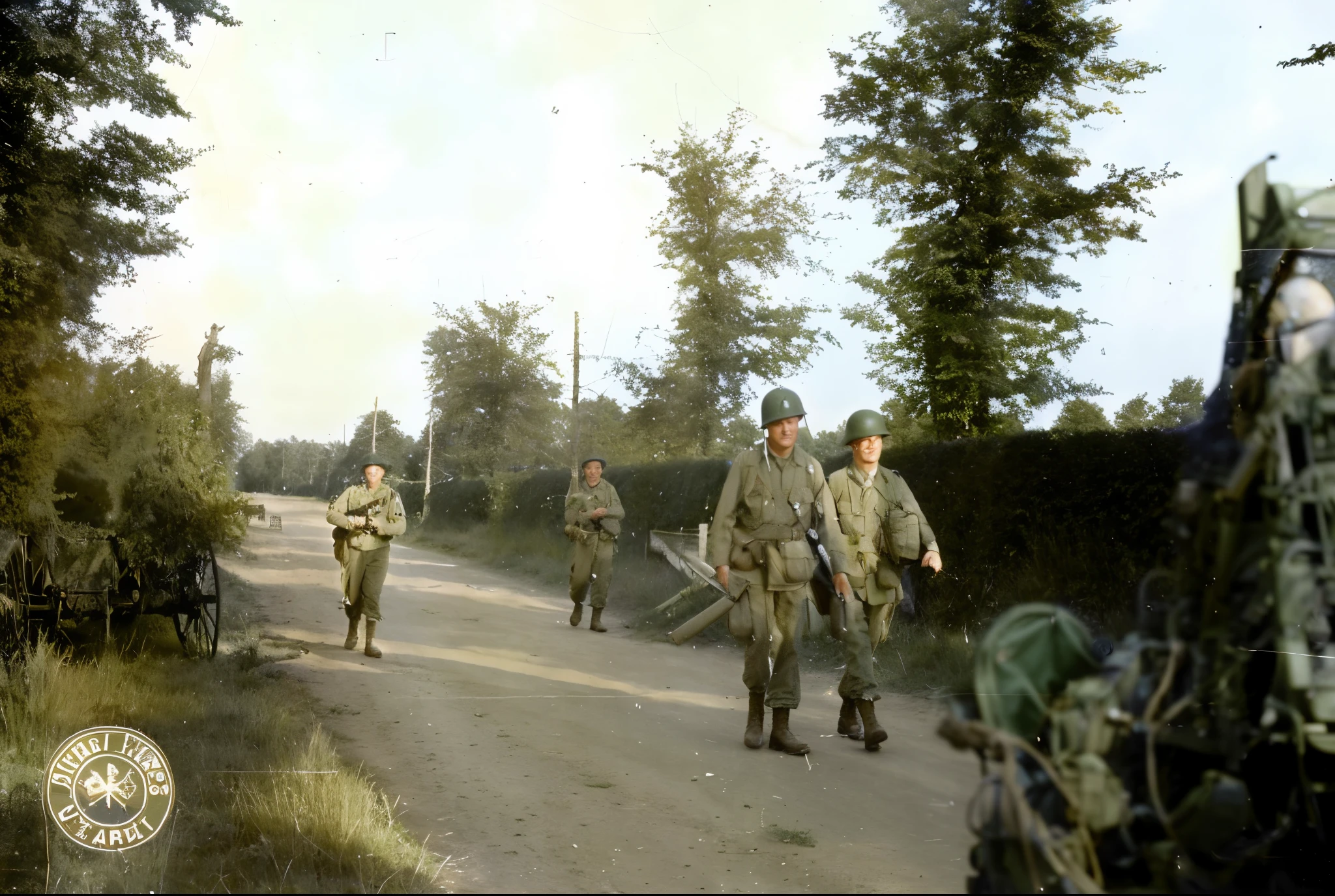 soldiers walking down a dirt road with trees in the background, colourised, ww 2 normandy foy arnhem 1 9 4 4, ww2 normandy foy arnhem 1944, colourized, troops searching the area, coloured photo, a colorized photo, colorized, colorized photo, colorized photograph, war photo, award winning colorized photo, restored color