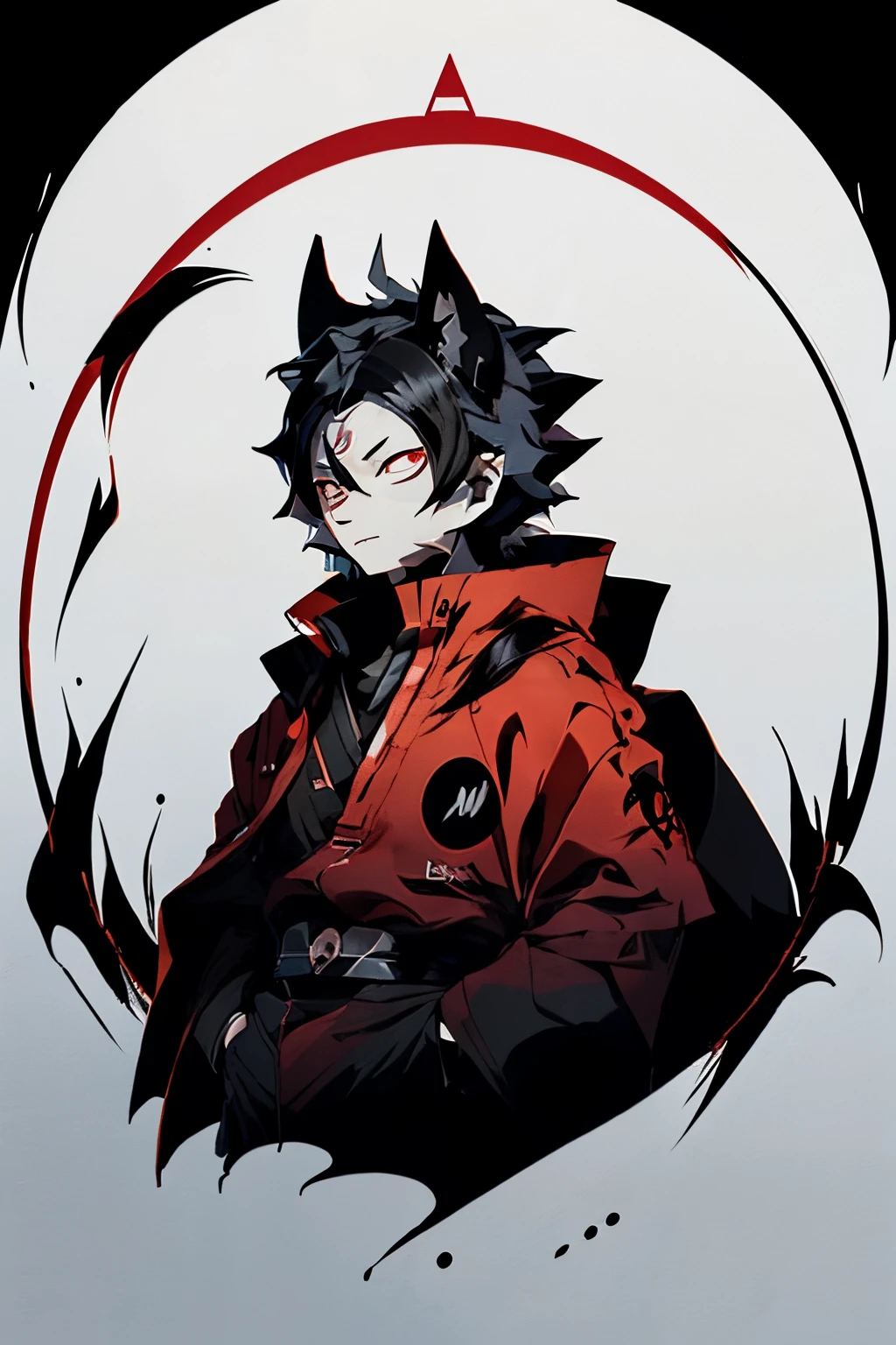 (Best quality), simple background, Japanese novel cover, a boy, short black hair, jacket, looking into the distance, missing his sister, blue jacket, fierce eyes,