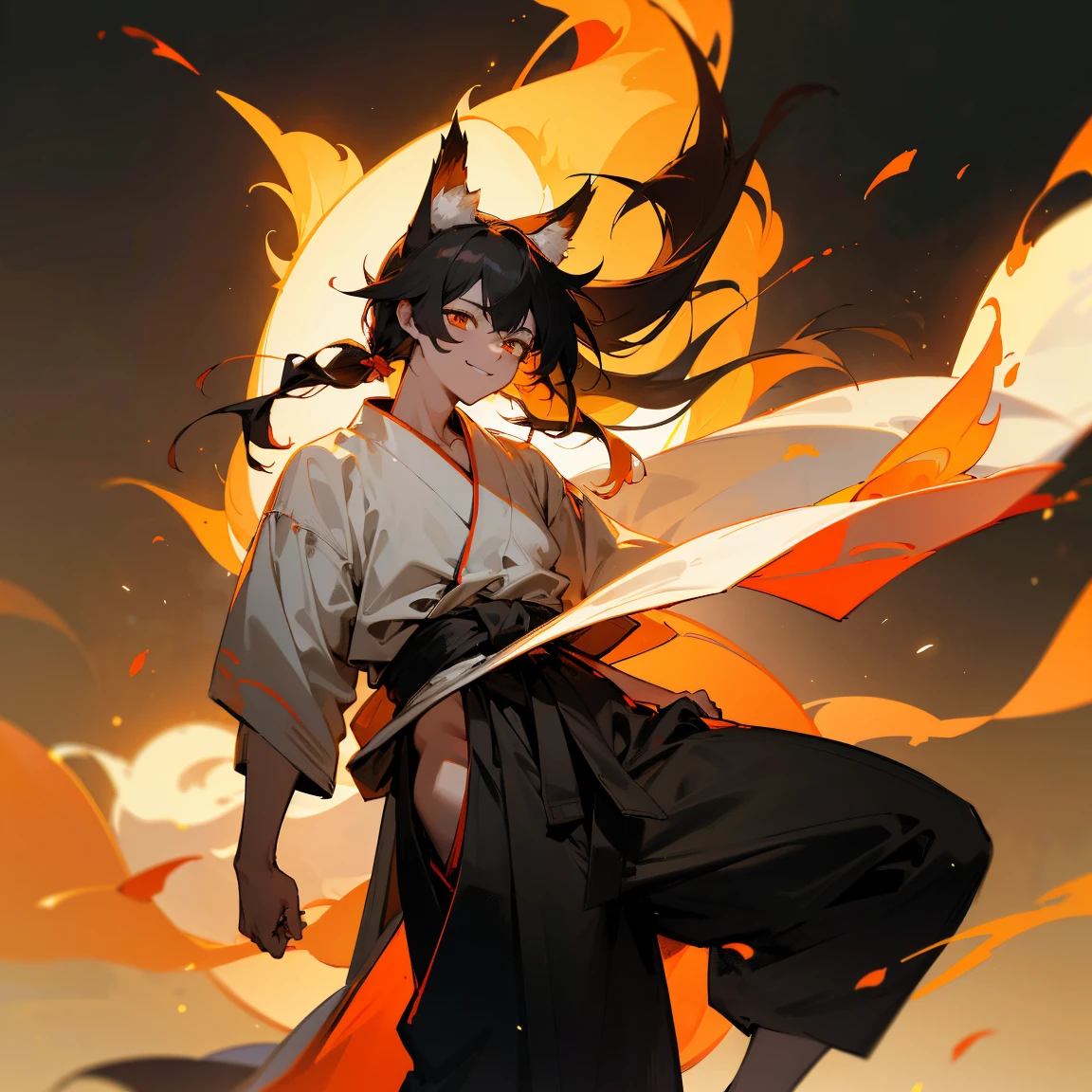 (best quality,4k,highres,masterpiece:1.2),ultra-detailed,physically-based rendering,professional,vivid colors,bokeh,portrait,anime,messy long Black Hair,Fiery Orange Eyes,Karate Gi,baggy grey pants,smiling expression,temple background,standing in outdoor martial arts temple, young male , 1male , martial arts clothing , Kitsune Ears , nine tails made of fire floating behind back