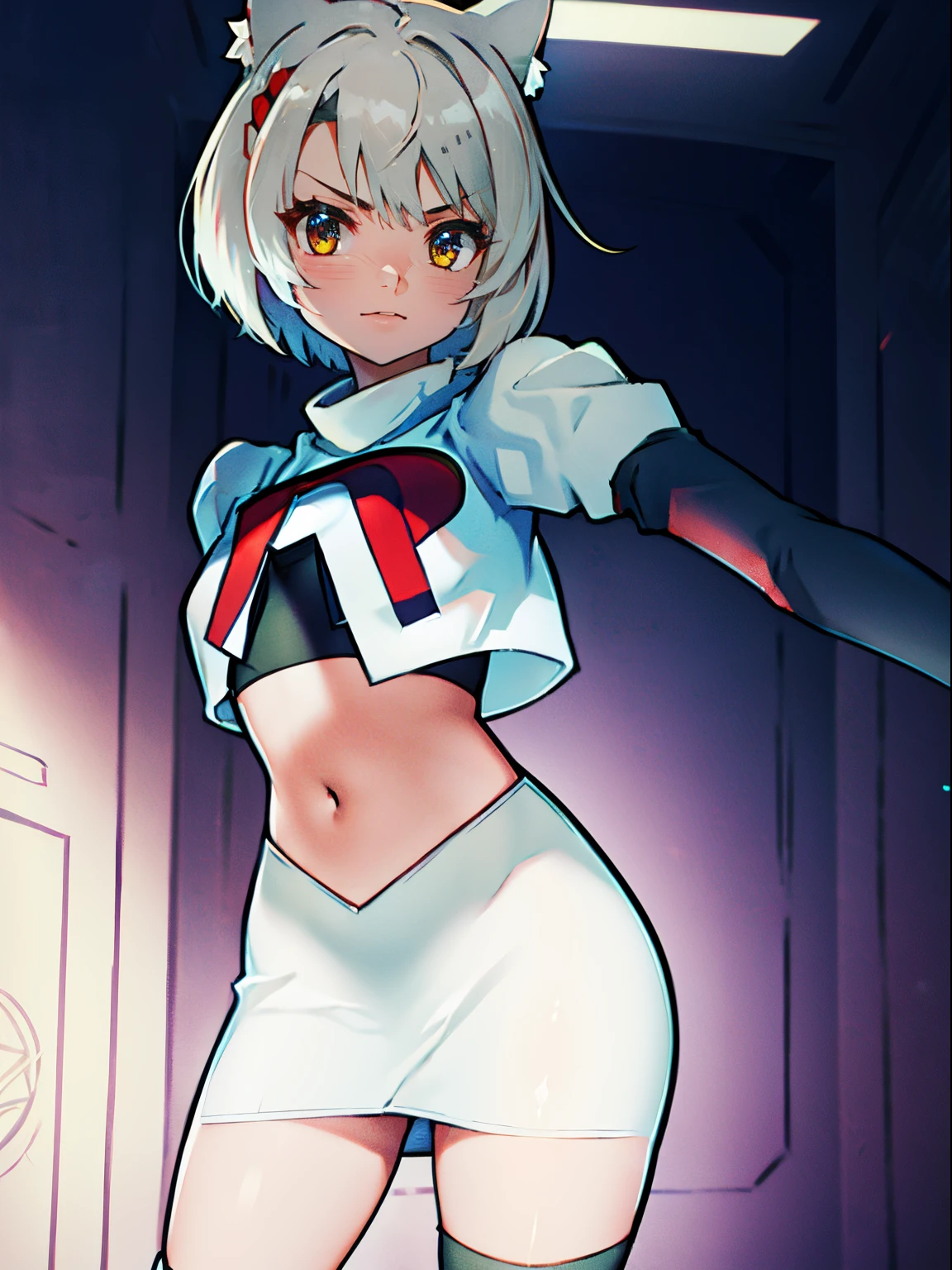 face of mio \(xenoblade\), 1girl,team rocket,team rocket uniform, red letter R, white skirt,white crop top,black thigh-high boots,black elbow gloves, cat ears, white hair