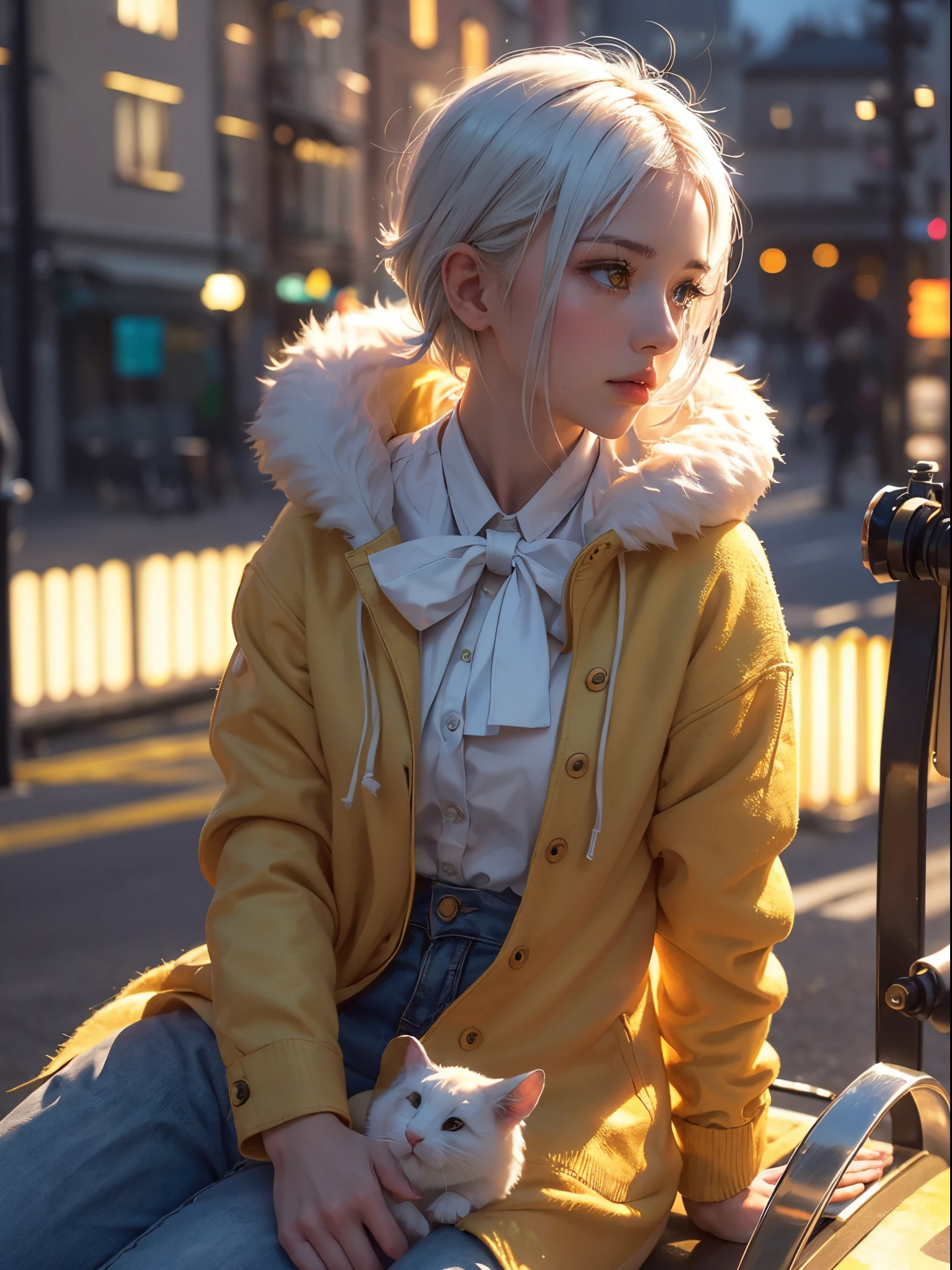 a girl in profile, sitting looking down, short bob hair, white hair, hair tied with a bow, holding a furry mouse, in the background yellow lights from houses on the street, the girl wears a plain jacket, {CG unit wallpaper of 16k extremely detailed}, expansive landscape photography, (a centered view with focus on the character), (wide open field view), (low angle shot), (high light: 1.4), (low light: 1.8), ( warm light source: 1.4), complex details, (iridescent colors: 1.2), (bright lighting), (atmospheric lighting), dreamy, unique,