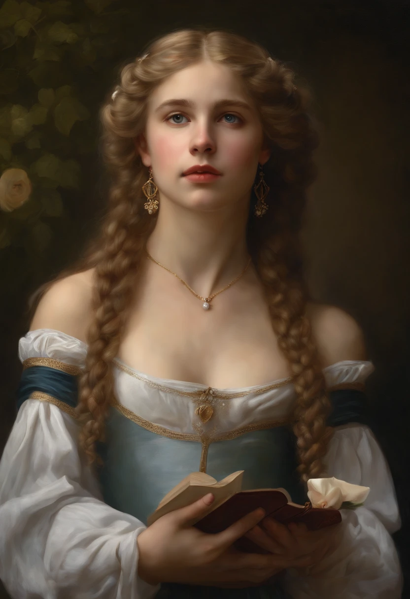 best quality, masterpiece, oil painting on canvas, (a painting of<lora:opt-graciedzienny:1>opt-graciedzienny by Crvgg, blonde hair, blue eyes), wearing a peasant outfit, long loose hair, <lora:caravaggio_resize:1> Crvgg
