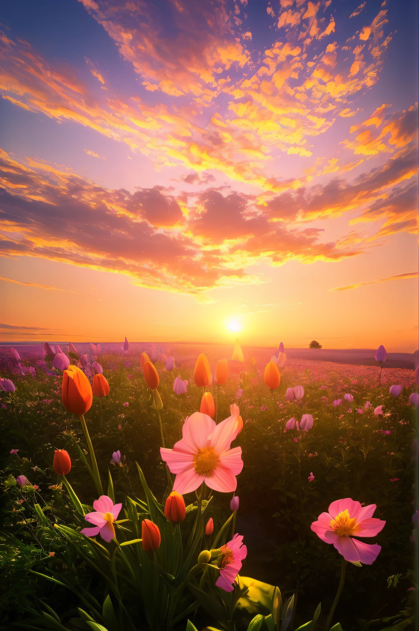 (best quality,4k,8k,highres,masterpiece:1.2),ultra-detailed,(realistic,photorealistic,photo-realistic:1.37),close-up of a flower field with sunset in the background,fantasy flower field,flower meadow,inspired by Phil Koch,flower meadow,flower sunset,among the flower meadow,flower meadow,stunning sunrise over the meadow,beautiful background,spring sunrise,spring morning,a breathtaking photograph,early morning in spring,beautiful nature