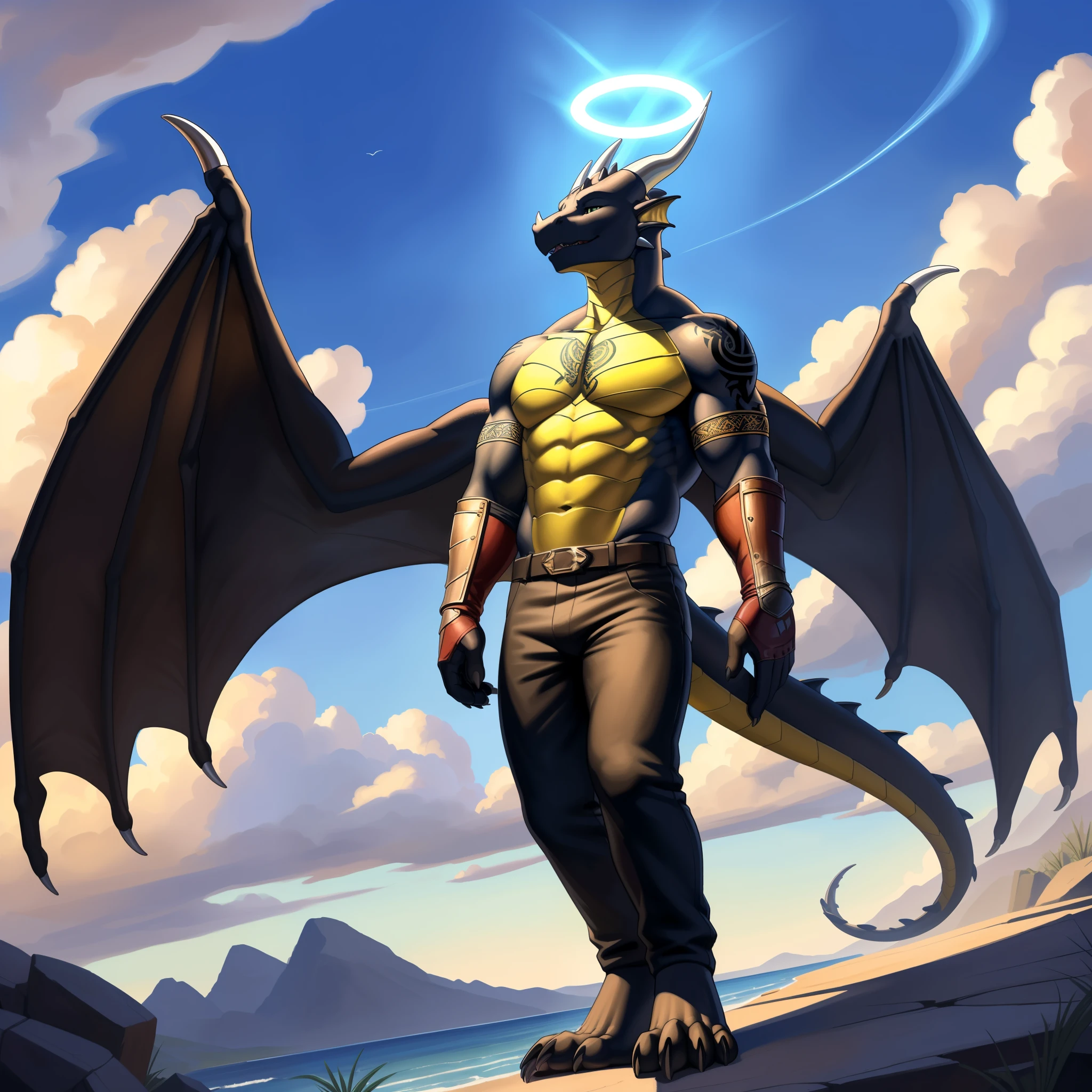 (masterpiece, best quality, high quality, highres:1.4), detailed, extremely detailed, bright lighting, 4K, (by ruaidri), yupa, kiyosan,(by meesh), (by fffffolder)), delga: ( slim, athletic, dragon, black body, smooth skin, athletic muscle, anthro legs, Godly appearance, ((skin glowing)), glowing skin, ((young)), (dragon feet), (toe claw), black spikes, (detailed eyes), dragon horn, ((dragon tail)), tail attached to waist, 1tail, ((dragon wings)), bare_shoulders, (clothing, handwear:(vambraces), bottomwear:(pants:black, [[leg armor]]))), beautiful, (((heroic aura))), closed_mouth, covered in tattoos, has tattoos, tattoos covering the chest and arms, tattoo sleeves on both arms, descending from the clouds, divine presence, radiating, angelic, halo, casual