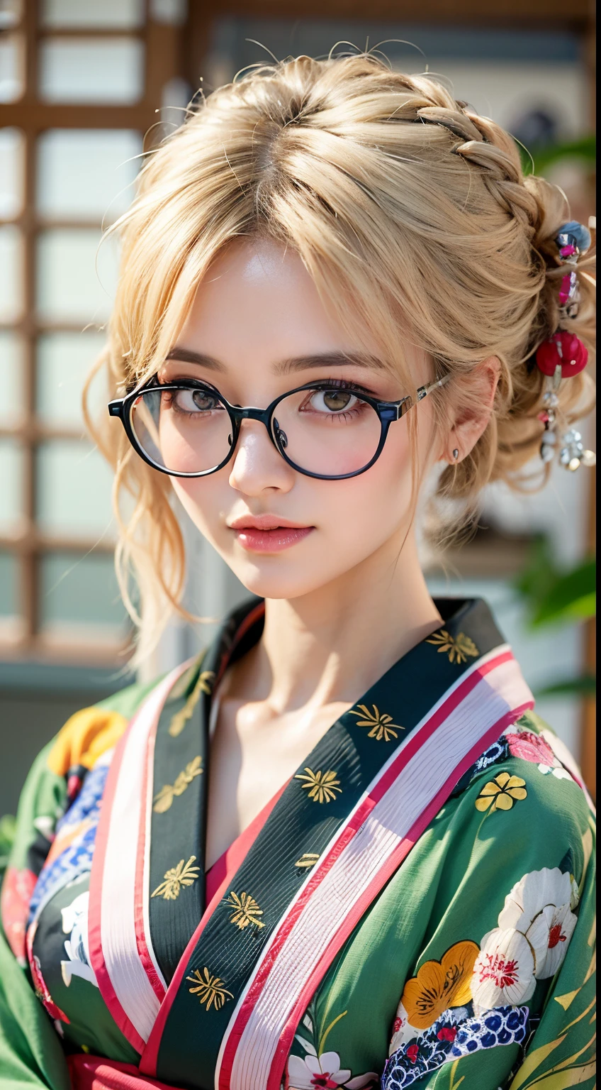 Best-quality, Masterpiece, Ultra-High-Resolution, (Photorealistic:1.4), Raw-Photo, Extremely-Details, Perfect-Anatomy, 1girl, the most popular Japanese model, wearing Japanese KIMONO and glasses with cute design, face focus, extremely beautiful face like a most famous Japanese model, amazingly beautiful big black solid circle eyes, very beautiful realistic skins, very beautiful blonde hair, very beautiful big breasts, very beautiful cleavage, detailed Japanese KIMONO, detailed glasses with cute design, detailed beautiful face, detailed eyes, detailed realistic skins, detailed blonde hair, detailed big breasts, detailed cleavage