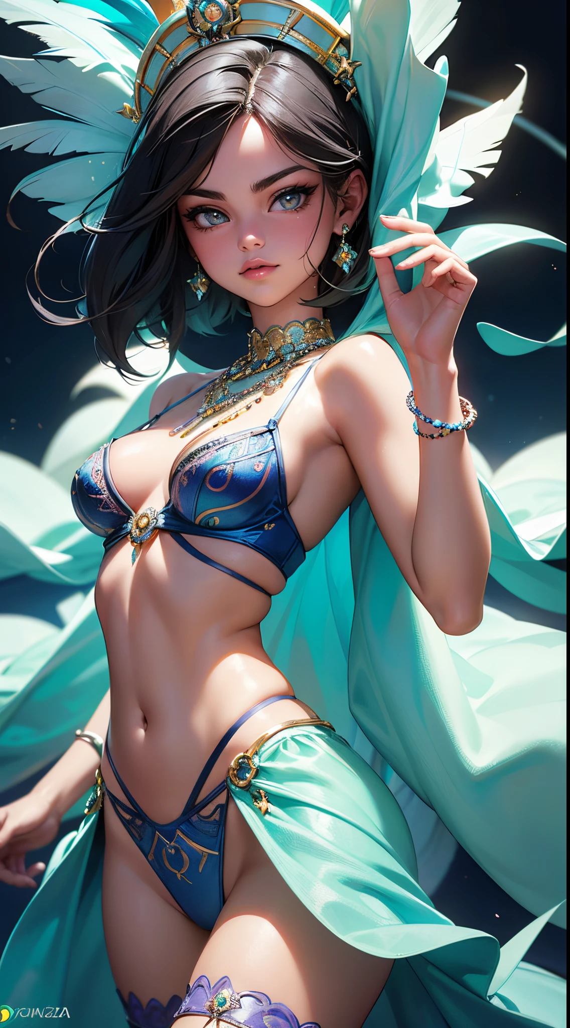 Selena Gomez vestida con un traje azul con plumas lingerie, Carnaval de fondo, Futurismo afro, Carnaval de Brasil, (post city Brasil colors:1.4) rendering of beauty pageant, Hermosa ciudad solo para mujeres negras, Antecedentes del carnaval, exotic costumes, Hermosa obra de arte digital, Reina Africana, Estilo afrofuturista, Afrofuturismo, Tendencias en la sociedad CG, Estilo Fantasy 8 K Octano Render,(Brazilian carnival lingerie:1.4), ,More detailed 8K.motor irreal:1.4,UHD,La mejor calidad:1.4, fotorrealista:1.4, textura de la piel:1.4, obra maestra:1.8,obra-prima, mejor calidad,objeto Objeto], (detailed face features:1.3),manos detailed, (Selena Gomez:1.4),sexy traje lingerie zamba,