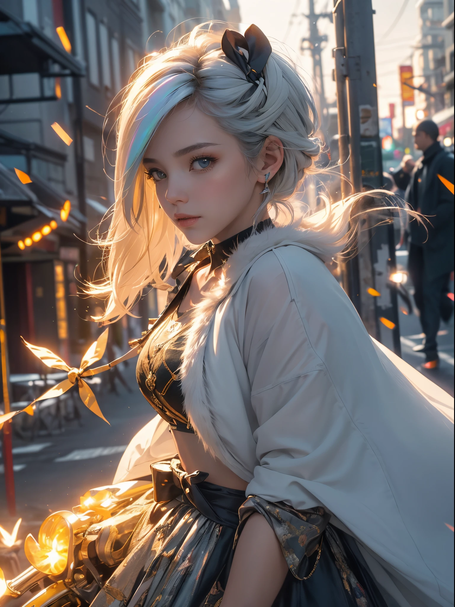 a girl in profile, sitting looking down, short bob hair, white hair, hair tied with a bow, holding a furry mouse, in the background yellow lights from houses on the street, the girl wears a plain jacket, {CG unit wallpaper of 16k extremely detailed}, expansive landscape photography, (a centered view with focus on the character), (wide open field view), (low angle shot), (high light: 1.4), (low light: 1.8), ( warm light source: 1.4), complex details, (iridescent colors: 1.2), (bright lighting), (atmospheric lighting), dreamy, unique,
