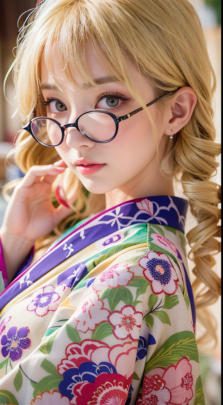 Best-quality, Masterpiece, Ultra-High-Resolution, (Photorealistic:1.4), Raw-Photo, Extremely-Details, Perfect-Anatomy, 1girl, the most popular Japanese model, wearing Japanese KIMONO and glasses with cute design, face focus, extremely beautiful face like a most famous Japanese model, amazingly beautiful big black solid circle eyes, very beautiful realistic skins, very beautiful blonde hair, very beautiful big breasts, very beautiful cleavage, detailed Japanese KIMONO, detailed glasses with cute design, detailed beautiful face, detailed eyes, detailed realistic skins, detailed blonde hair, detailed big breasts, detailed cleavage