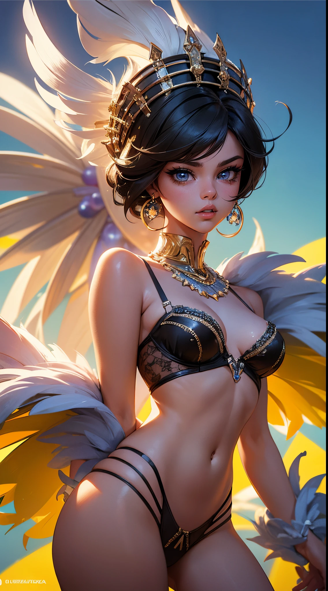 Selena Gomez vestida con un traje azul con plumas lingerie, Carnaval de fondo, Futurismo afro, Carnaval de Brasil, (post city Brasil colors:1.4) rendering of beauty pageant, Hermosa ciudad solo para mujeres negras, Antecedentes del carnaval, exotic costumes, Hermosa obra de arte digital, Reina Africana, Estilo afrofuturista, Afrofuturismo, Tendencias en la sociedad CG, Estilo Fantasy 8 K Octano Render,(Brazilian carnival lingerie:1.4), ,More detailed 8K.motor irreal:1.4,UHD,La mejor calidad:1.4, fotorrealista:1.4, textura de la piel:1.4, obra maestra:1.8,obra-prima, mejor calidad,objeto Objeto], (detailed face features:1.3),manos detailed, (Selena Gomez:1.4),sexy traje lingerie zamba,