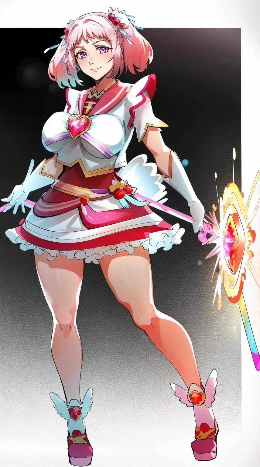 masterpiece, best quality, indoors, mamikafairy, 1girl, solo, looking at viewer,, hand arms full body,boots, standing,cute,breast, curvy, female,fantasy goddess,there is a cartoon picture of a woman with a very large breast, glowing divine being, glowing holy aura, inspired by Luma Rouge, the non-binary deity of spring, ethereal rainbow nimbus, the aura goddess of fire, inspired by Mariel, glowing aura around her, astral aura, as the goddess of the sun, “uwu the prismatic person, big breast, serious, beautiful eyes, , full body, walking, long robe, long dress, ,priestess ,holy, smile, god rays, ray tracing, sparkle, cinematic lighting, UHD, retina, masterpiece, ccurate, anatomically correct, textured skin, super detail, high details, high quality, award winning, best quality, highres, 1080P, HD, 4K, thunder aura, light aura,full, snak staff,closed mouth, huge breast, curvy, bimbo,standing, smile, happy