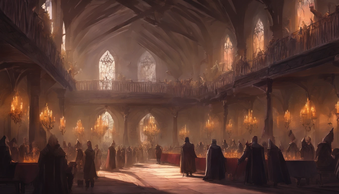 inside a medieval fantasy noble estate in the corner of a grand hall in the late evening, there are many nobles gathered and chatting at a social gathering, the atmosphere is of conspiracy,