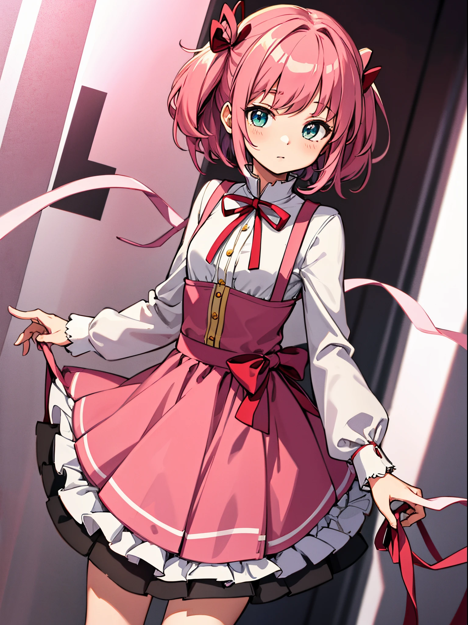 Madoka Magica　madoka　A pink-haired　bright pink color　short-hair 　big red ribbon　the ribbon is tied at the back、校服　magical  girl　Eye color is green