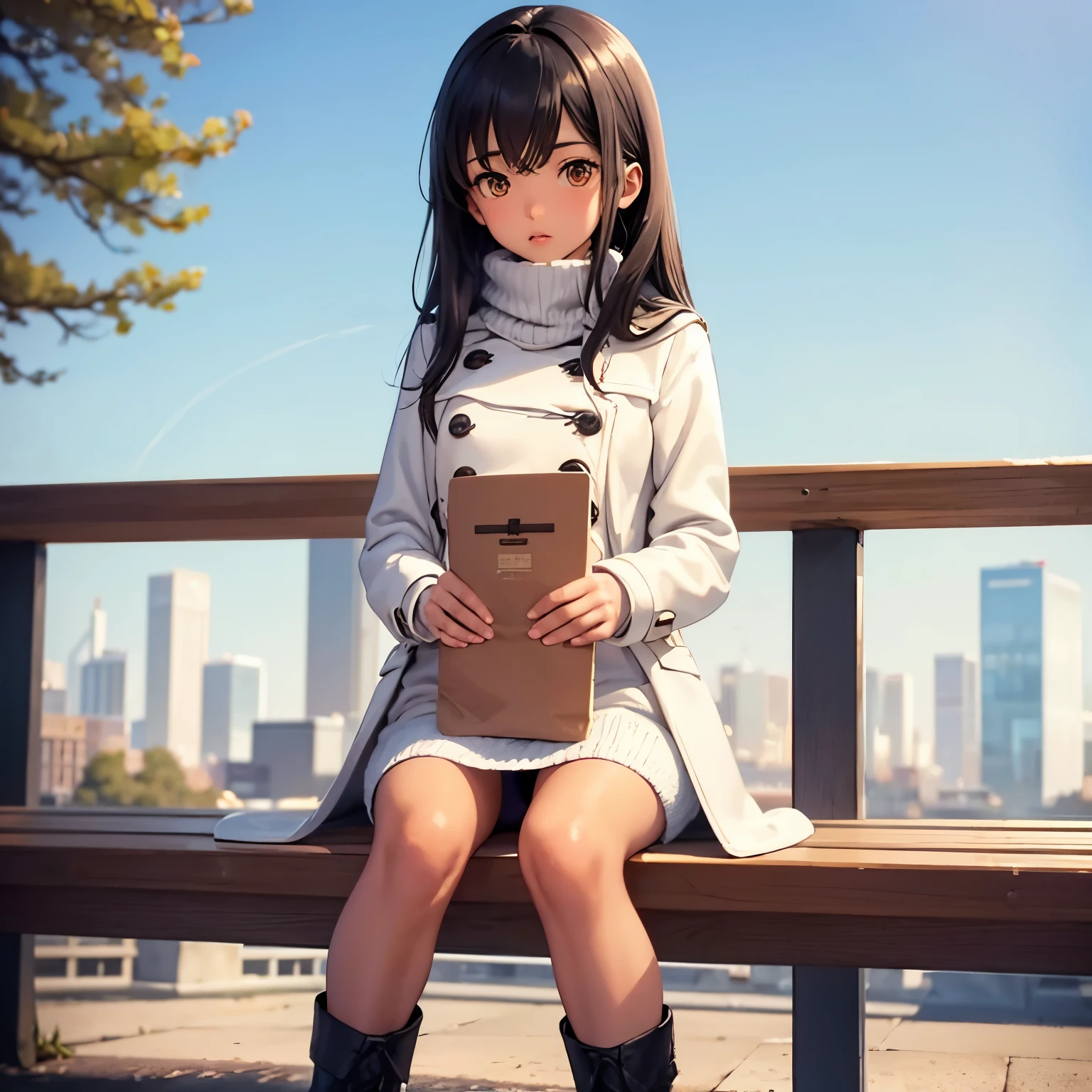 1girl in,A beautiful brown-skinned girl is sitting on a bench looking cold,Brown-skinned,Very cute,Cold look,Black hair Long hair,Silky hair,Accurately drawn face,A slender,flat breast,Raw feet,I shrug my shoulders and hug my chest.., Feeling the cold.,Inner Stock,tre anatomically correct,perfectly proportions,Precise fingers,Duffel coat,White knitted shirt,Check miniskirt,Half boots,sitting on a cold park bench,​masterpiece,Best Quality,