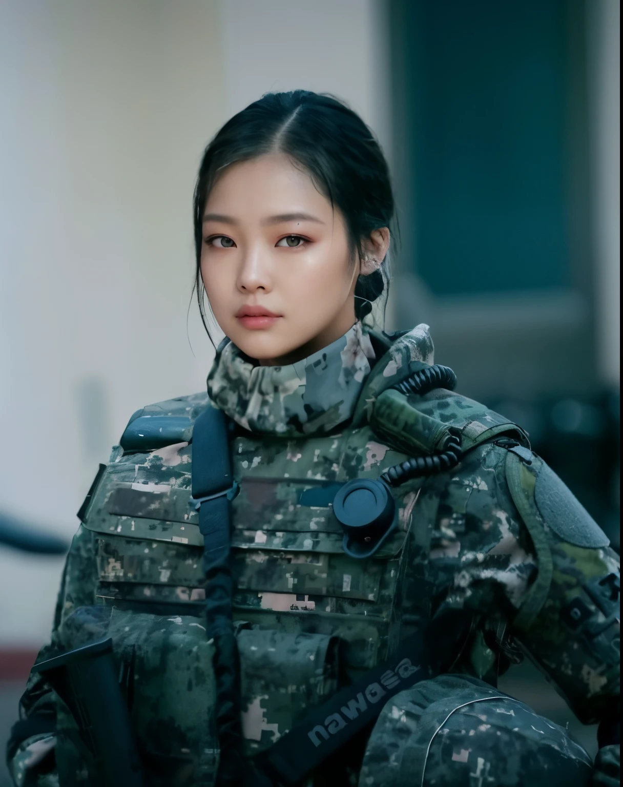 a close up of a woman in a military uniform with a gas mask, blackpink jennie, soldier girl, iu lee ji-eun as a super villain, military girl, jossi of blackpink, jaeyeon nam, infantry girl, kim jung giu, headshot profile picture, jung gi kim, heonhwa choe, 🕹️ 😎 🔫 🤖 🚬