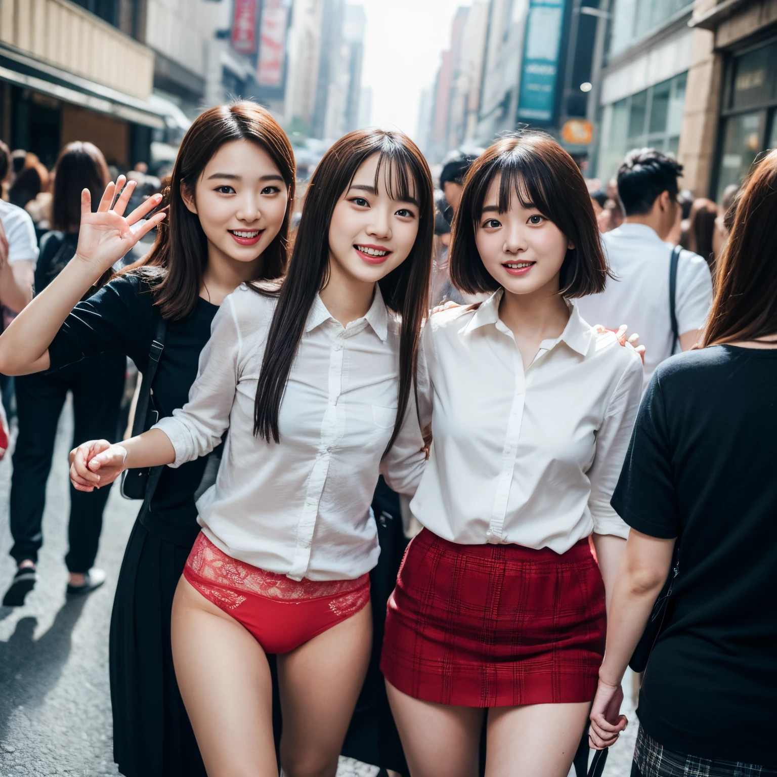 the Extremely Detailed CG Unity 8K Wallpapers、top-quality、ultra-detailliert、masterpiece、realisitic、Photo Real、Two very detailed cute girls、20yr old、(skirt rift)、(skirt lift by yourself))、white panties、panties focus、red blush、cparted lips、looking at the viewers、Semi-body shot、Wearing a ruffled shirt、Large crowds、Crowded city、