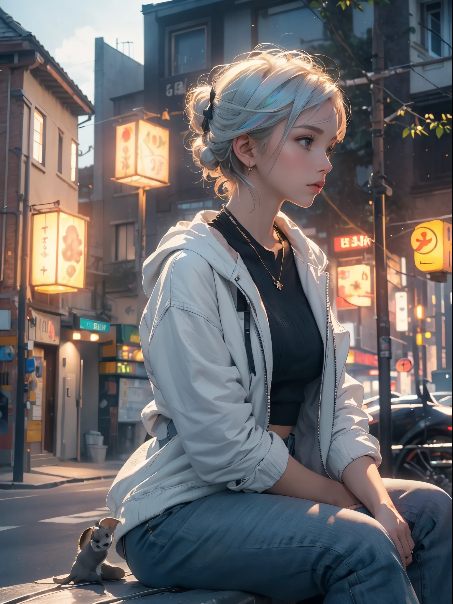 a girl in profile, sitting looking down, short bob hair, white hair, hair tied with a bow, holding a furry mouse, in the background yellow lights from houses on the street, the girl wears a plain jacket, {CG unit wallpaper of 16k extremely detailed}, expansive landscape photography, (a centered view with focus on the character), (wide open field view), (low angle shot), (high light: 1.4), (low light: 1.8), ( warm light source: 1.4), complex details, (iridescent colors: 1.2), (bright lighting), (atmospheric lighting), dreamy, unique,