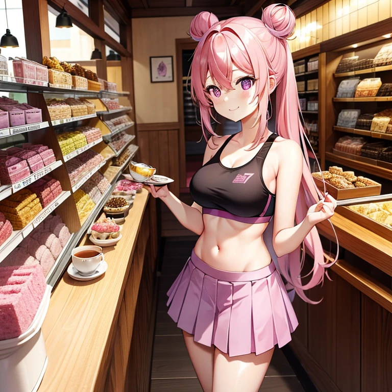 One cheerful girl（Pink hair、Long hair in two buns、a purple eye、Black Sports Bra〔Yellow line〕、breastsout、Pink pleated skirt、Thigh、bare-legged、）is happy to eat sweets、Petals flutter、tea shop、