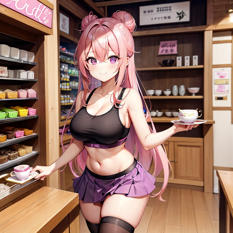 One cheerful girl（Pink hair、Long hair in two buns、a purple eye、Black Sports Bra〔Yellow line〕、breastsout、Pink pleated skirt、Thigh、bare-legged、）is happy to eat sweets、Petals flutter、tea shop、