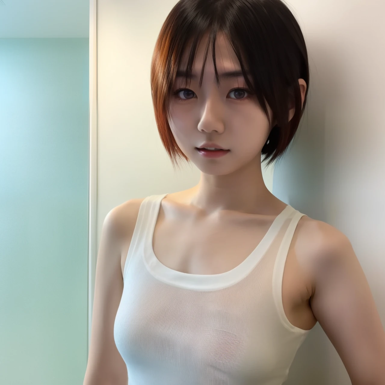 1girl, Chinese girl, 21-years-old, solo, arms behind, 3/4 shot, young sensual gravure idol, young pretty gravure idol, realistic, best quality, instgram, bare shoulders, white shirt, short hair