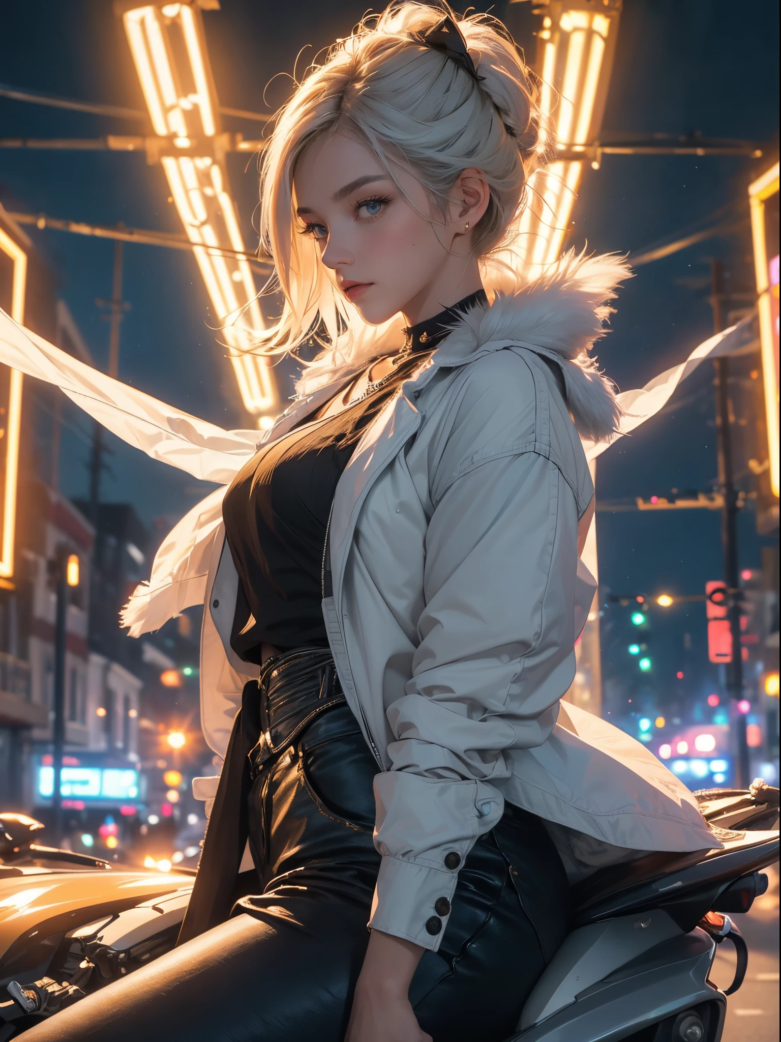 a girl in profile, sitting looking down, short bob hair, white hair, hair tied with a bow, holding a furry mouse, in the background yellow lights from houses on the street, the girl wears a plain jacket, {CG unit wallpaper of 16k extremely detailed}, expansive landscape photography, (a centered view with focus on the character), (wide open field view), (low angle shot), (high light: 1.4), (low light: 1.8), ( warm light source: 1.4), complex details, (iridescent colors: 1.2), (bright lighting), (atmospheric lighting), dreamy, unique,