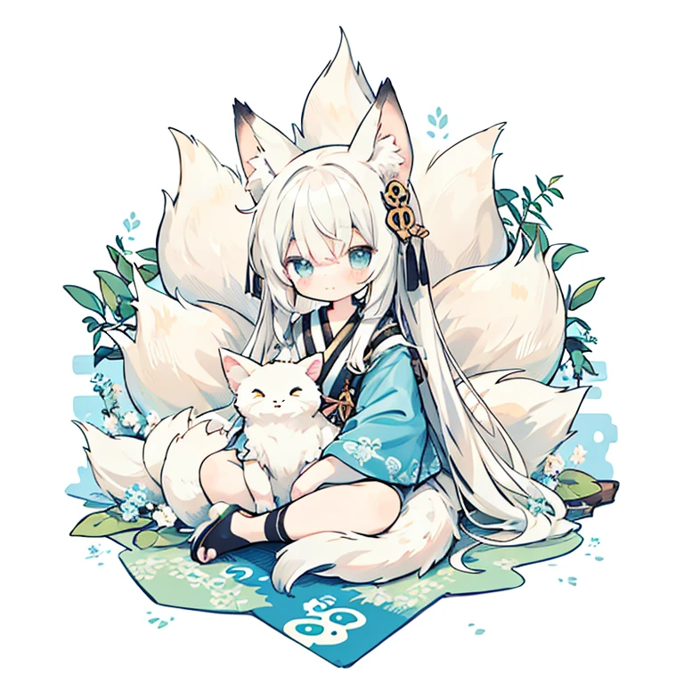 (Cute illustration:1.3)、the Nine-Tailed Fox、white backgrounid