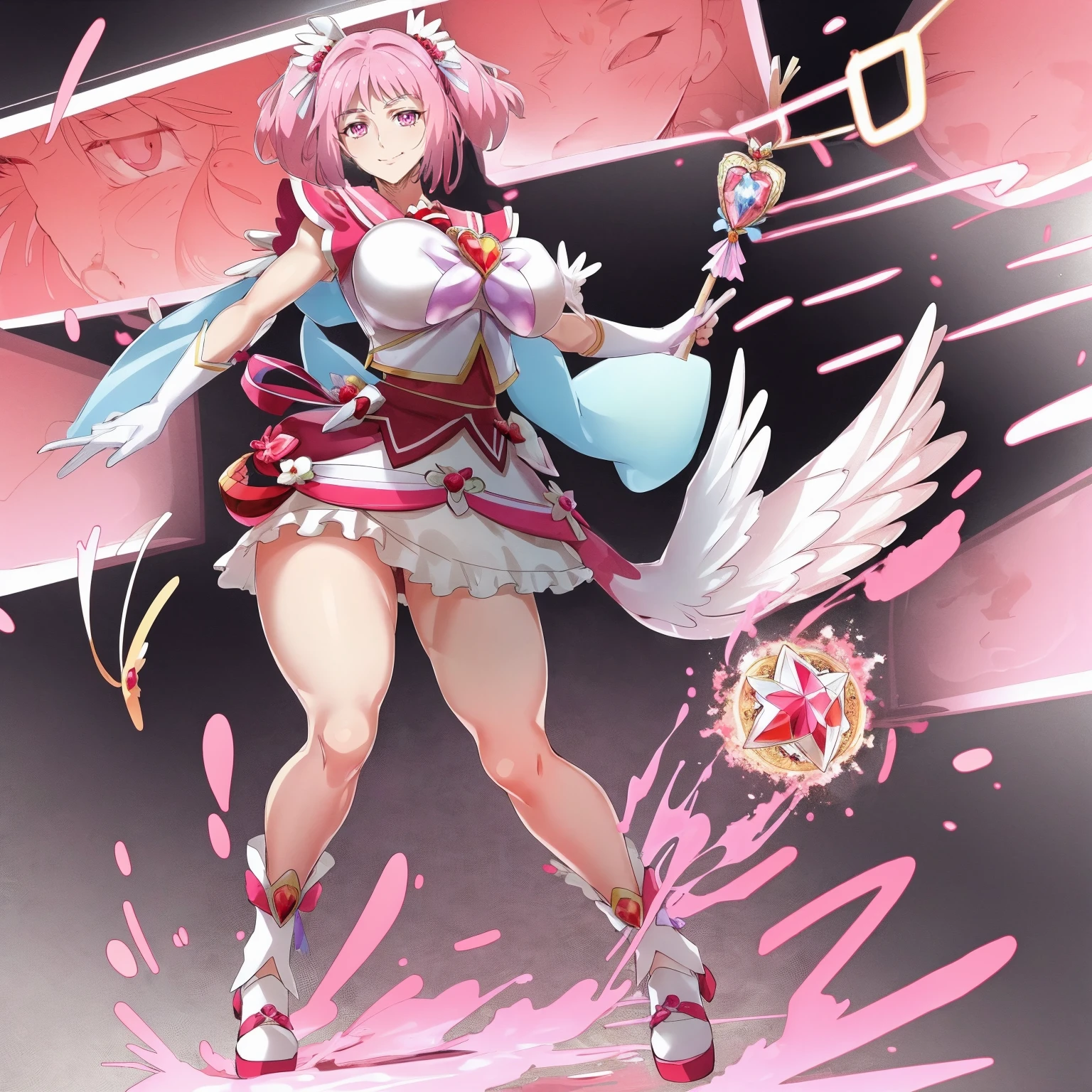 masterpiece, best quality, indoors, mamikafairy, 1girl, solo, looking at viewer,, hand arms full body,boots, standing,cute,breast, curvy, female,fantasy goddess,there is a cartoon picture of a woman with a very large breast, glowing divine being, glowing holy aura, inspired by Luma Rouge, the non-binary deity of spring, ethereal rainbow nimbus, the bird goddess of fire, inspired by Mariel, glowing aura around her, astral wind, as the goddess of the sun, “uwu the prismatic person, big breast, serious, beautiful eyes, , full body,, long robe, long dress, ,priestess ,holy, smile, god rays, ray tracing, sparkle, cinematic lighting, UHD, retina, masterpiece, ccurate, anatomically correct, textured skin, super detail, high details, high quality, award winning, best quality, highres, 1080P, HD, 4K, thunder aura, light aura,full, snak staff,closed mouth, huge breast, curvy, bimbo, standing, heroic, pose, background ruin of a misterios city,UHD, retina, masterpiece, ccurate, anatomically correct, textured skin, super detail, high details, high quality, award winning, best quality, highres, 1080P, HD, 4K, sun aura,motionless, 1character in panel, heroic pose,