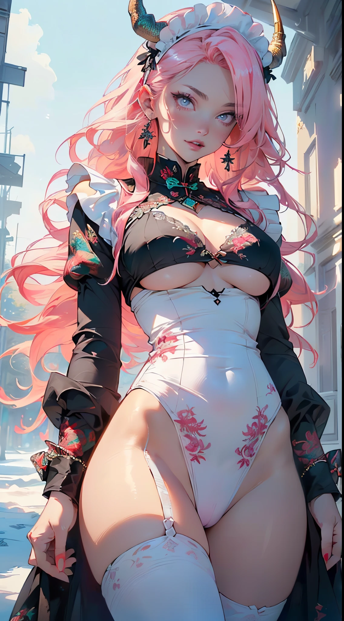 lamia from ancient Egypt,(((lamia,monster girl))),

(((pink_eyes:1.3,red_pupils)),intricate eyes,beautiful detailed eyes,symmetrical eyes,((((pink horns,pink scales,scaly ,scales ,scaly skin)))),(large breasts:1.5),((((long pink hair,pink hair,colored inner hair)))),((((porcelain skin,pale skin,lustrous skin:1.5,tanned skin,bright skin: 1.5,skin tanned,shiny skin,very shiny skin,shiny body)))),(spider lower abdomen,narrow waist,wide hip,bimbo body,inflated legs,),(((detailed face))),

cute,slutty,sensual,seductive look,seductive,((erotic)),opulent,sumptuous,longingly,(((nsfw))),

((((maid headdress,maid,maid clothing, maid cloth)))),revealing clothing,show skin,cleavage,((underboob)),(barefoot,),((impenetrable and beautiful dragon scales:1.4,dragon scales)),(((intricate outfit,intricate clothes,embroidered outfit,ornate outfit,embroidered clothes,ornate clothes))),

(dynamic pose:1.0),embarrassed,(centered,scale to fit dimensions,Rule of thirds),

((snowy pine forest at night)),with dark stormy clouds,winter,scenery:1.25,((snow forest background)),Christmas tree,

highres,sharp focus,(ultra detailed,extremely detailed),(photorealistic artwork:1.37),(extremely detailed CG unity 8k wallpaper),(((vibrant colors,vibrant theme))),(intricate),(masterpiece),(best quality),